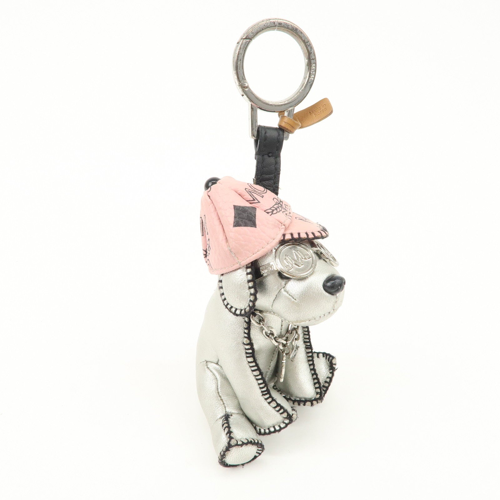MCM Dog Motif Leather Bag Charm Key Chain Silver Pink