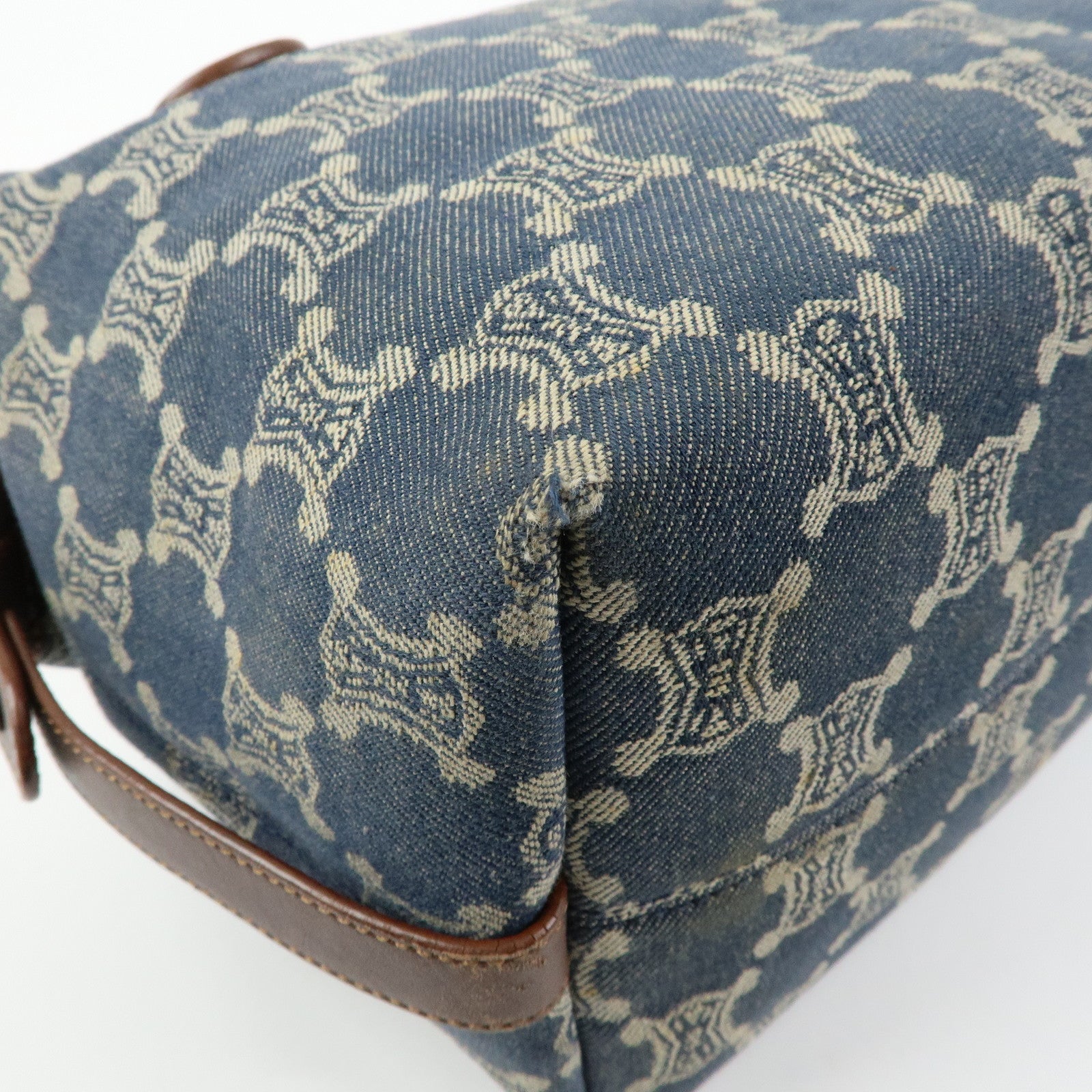 CELINE Macadam Denim Leather Shoulder Bag Hand Bag Blue Brown