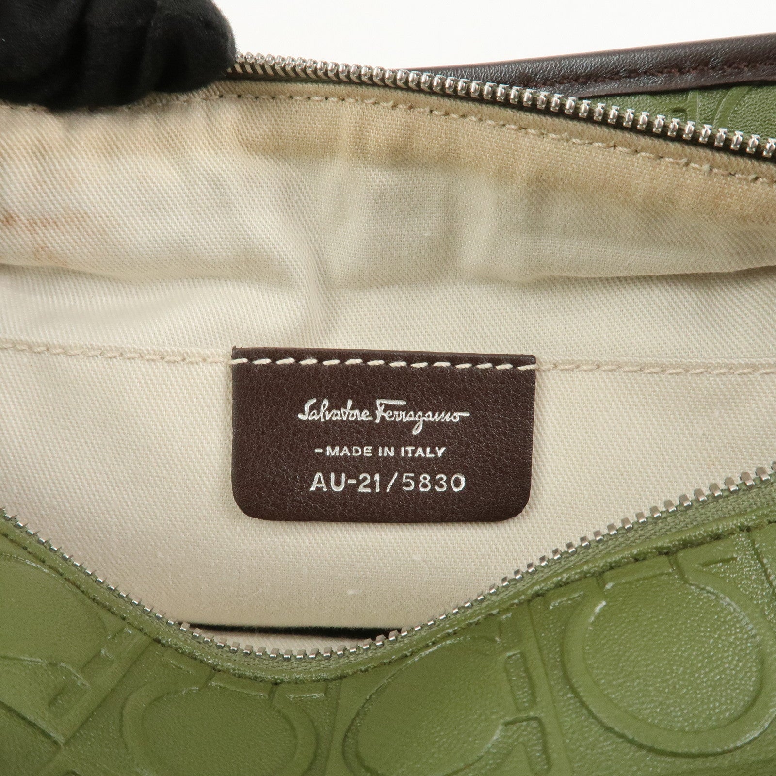 Ferragamo Gancini Embossed Leather 2Way Hand Shoulder Bag Green