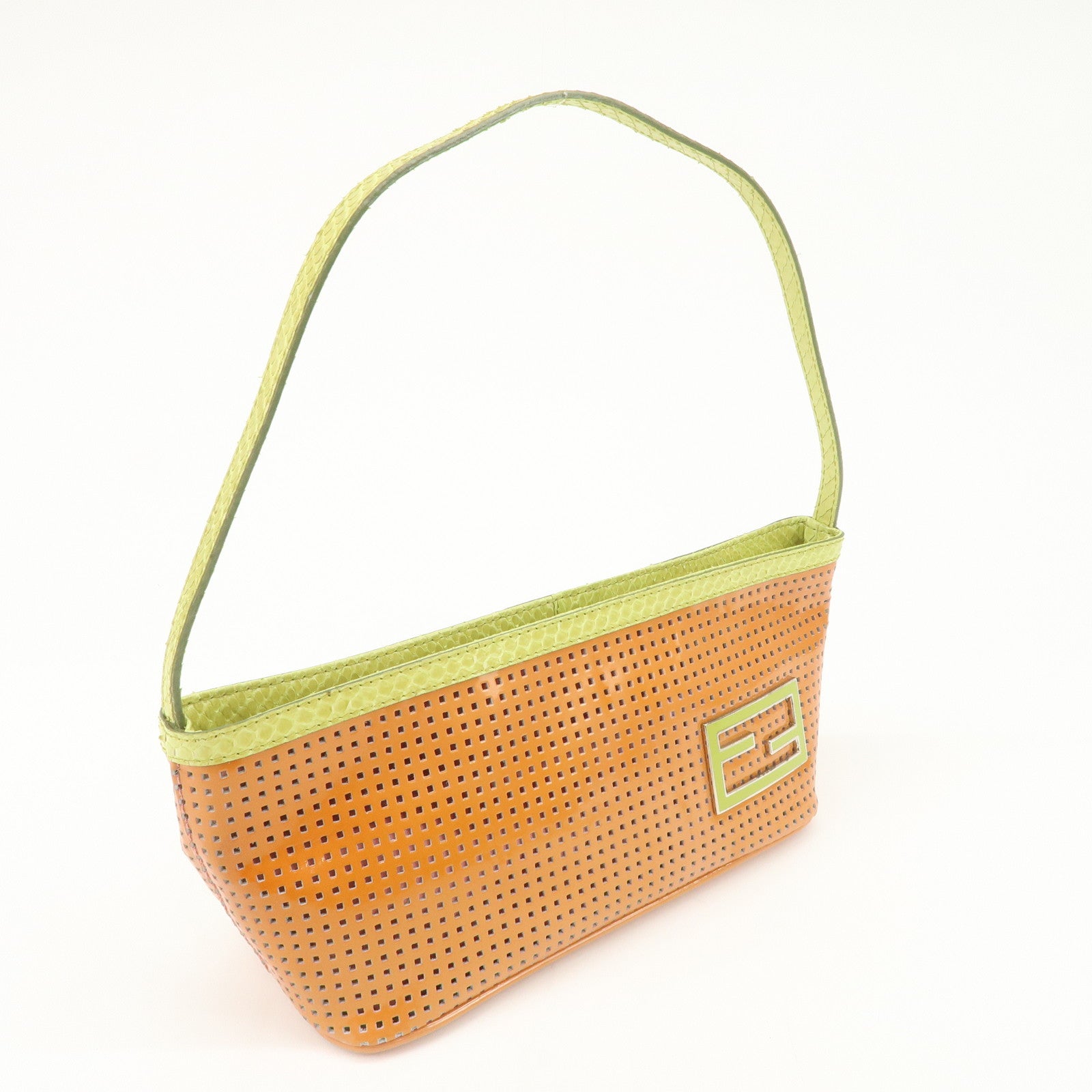 FENDI Patent Leather Mini Hand Bag Orange Lime Green 26636