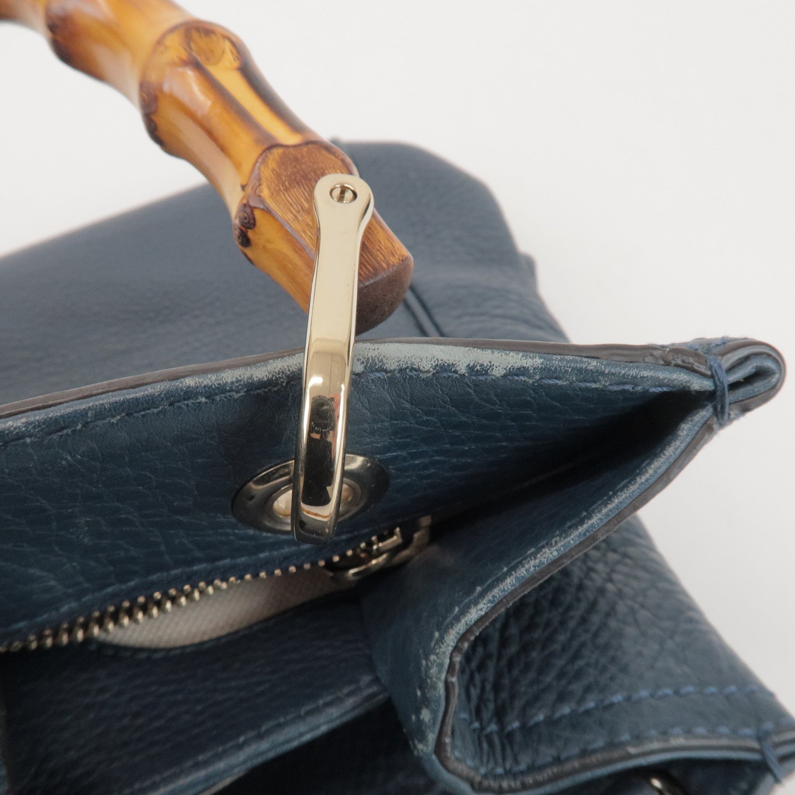 GUCCI Bamboo Calf Leather 2 Way Bag Tote Bag Navy 336032