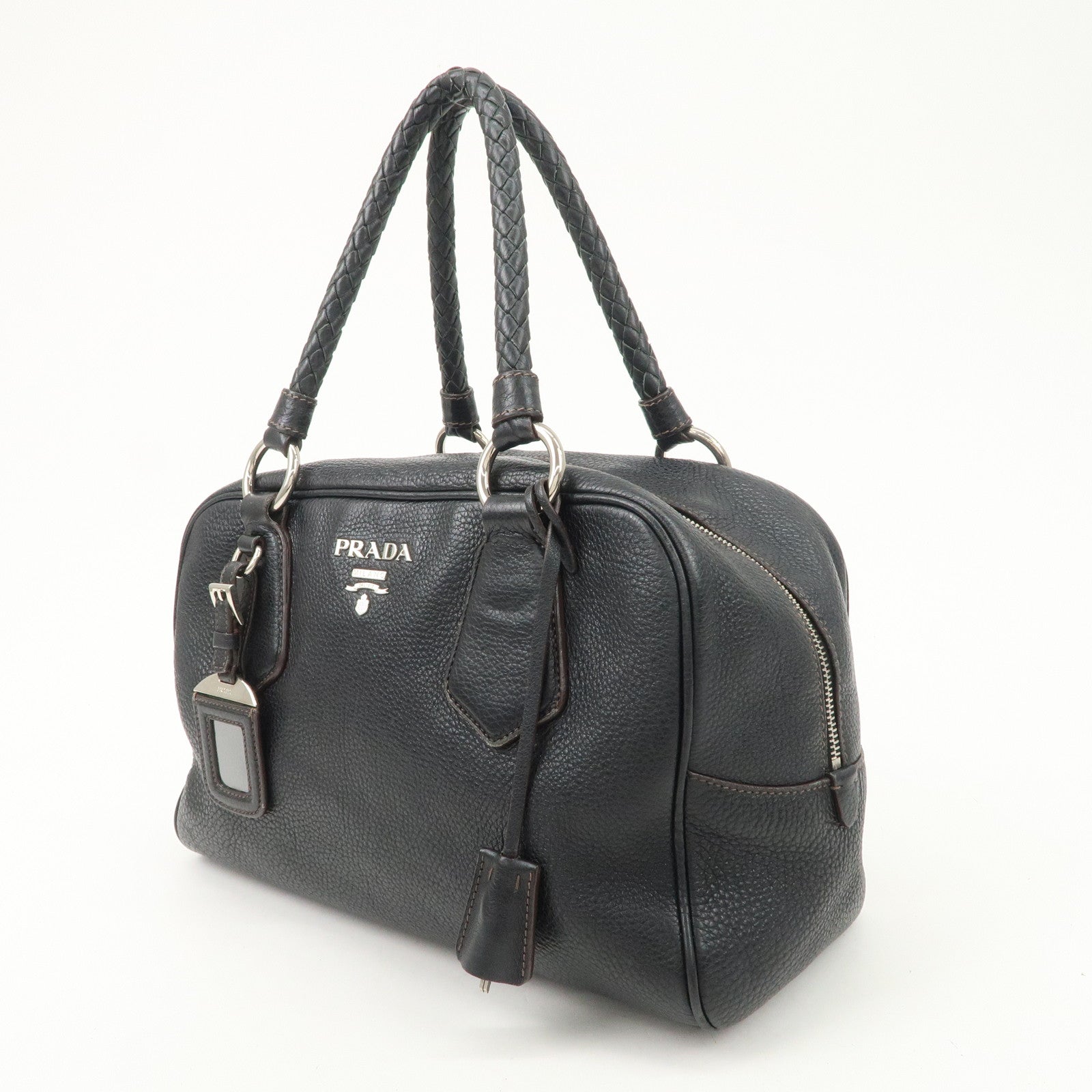 PRADA Logo Leather Hand Bag Mini Boston Bag Black BL0471 Used