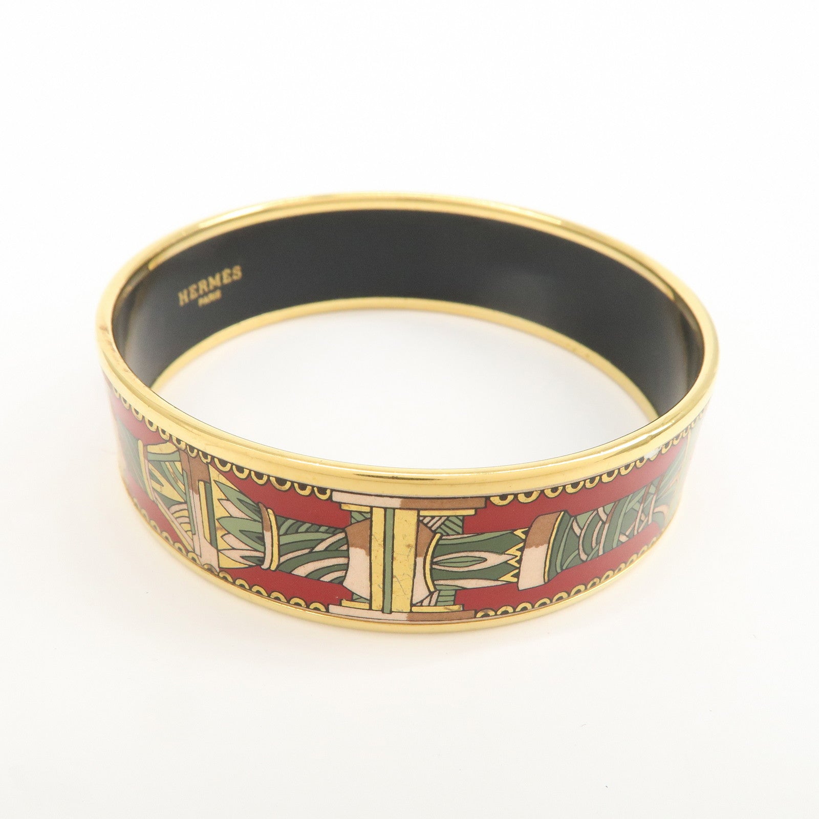 HERMES Email GM Gold Plated Bangle Bracelet Red Green