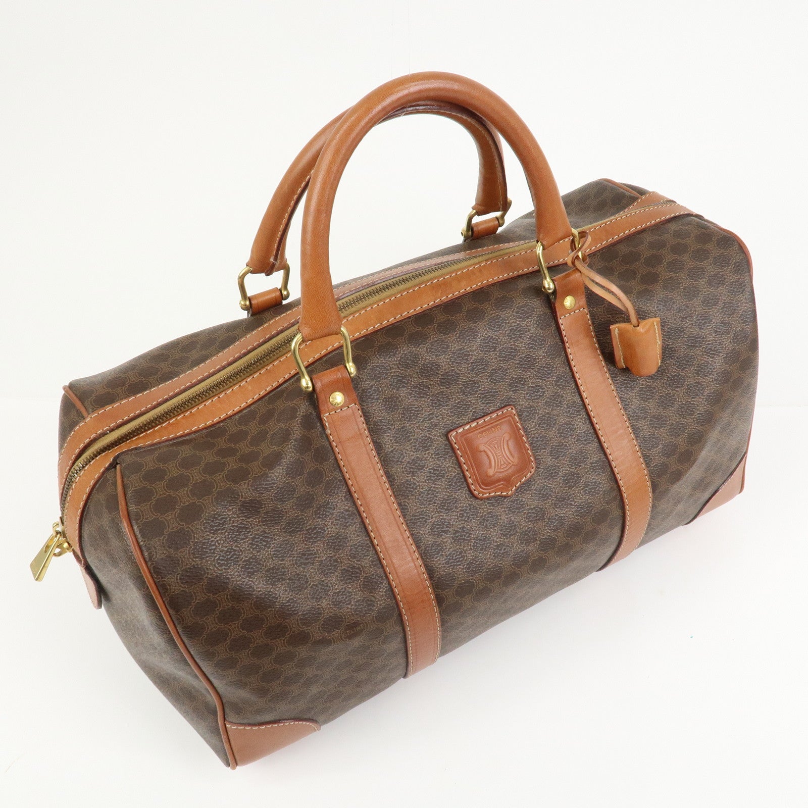 CELINE Macadam PVC Canvas Leather Boston Bag Hand Bag Brown