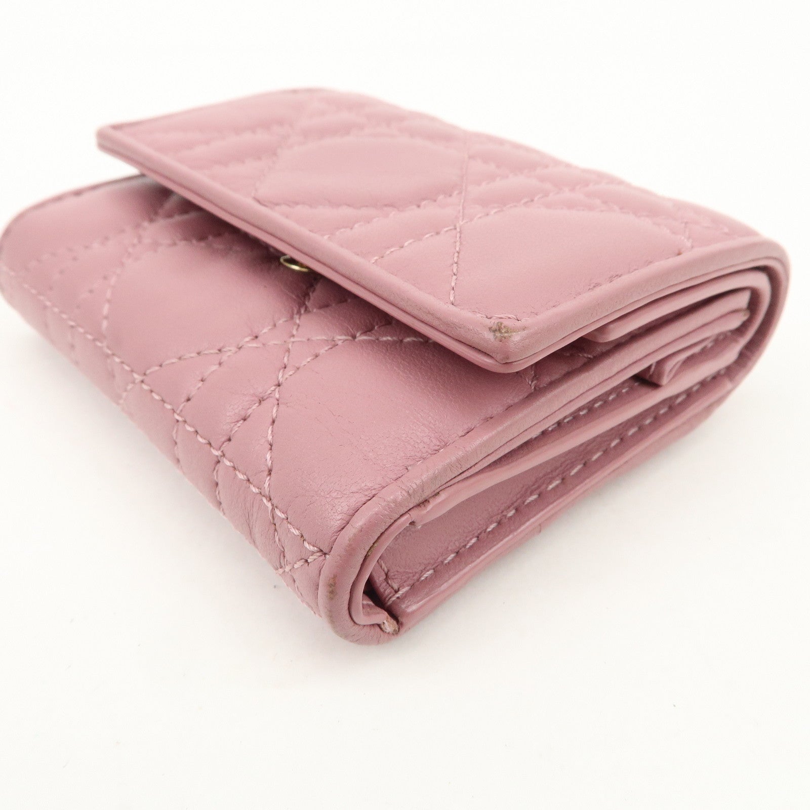 Christian Dior Cannage Leather Tri-fold Compact Wallet Pink