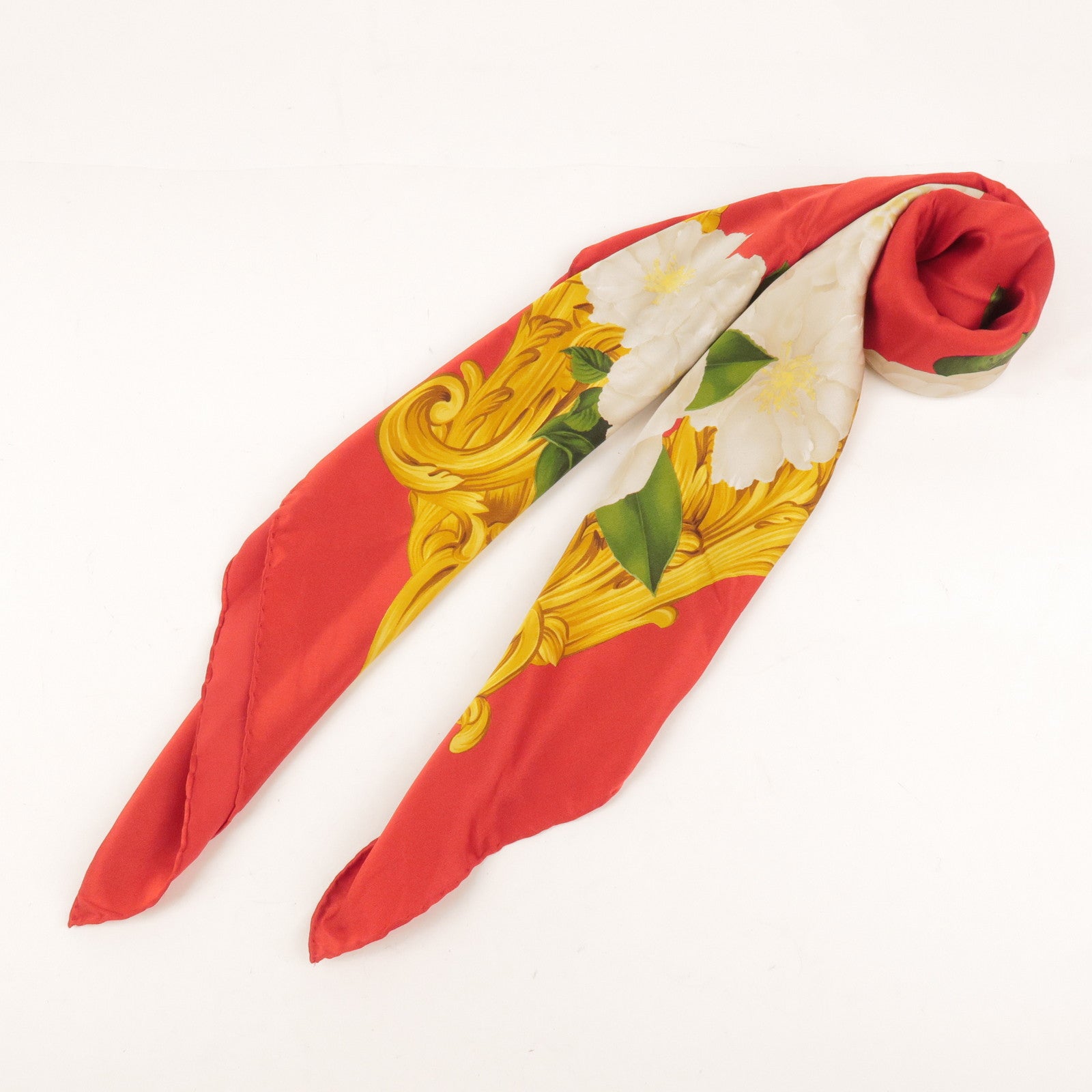 CHANEL Silk 100% Scarf Rose Print Floral Pattern 93x93 Red Gold