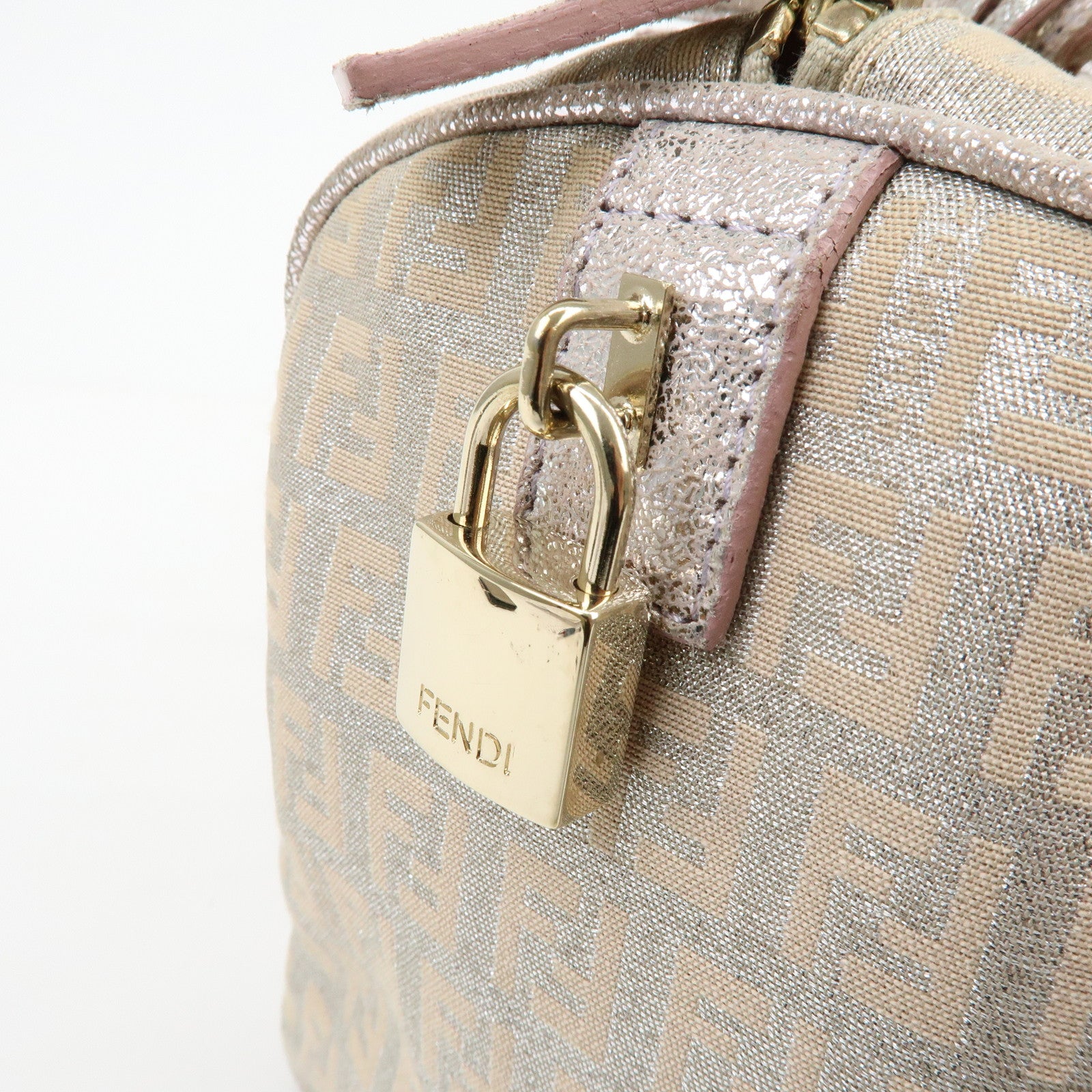 FENDI Zucchino Canvas Leather Mini Boston Bag Silver Beige 8BL068