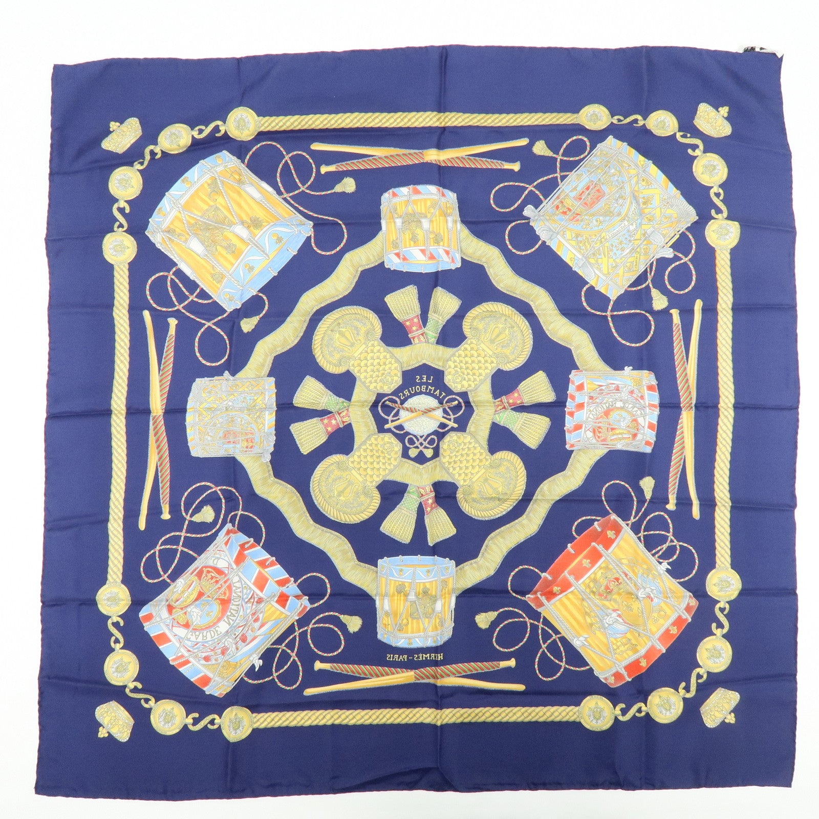 HERMES Carre 90 Silk 100% LES TAMBOURS Scarf Navy Gold