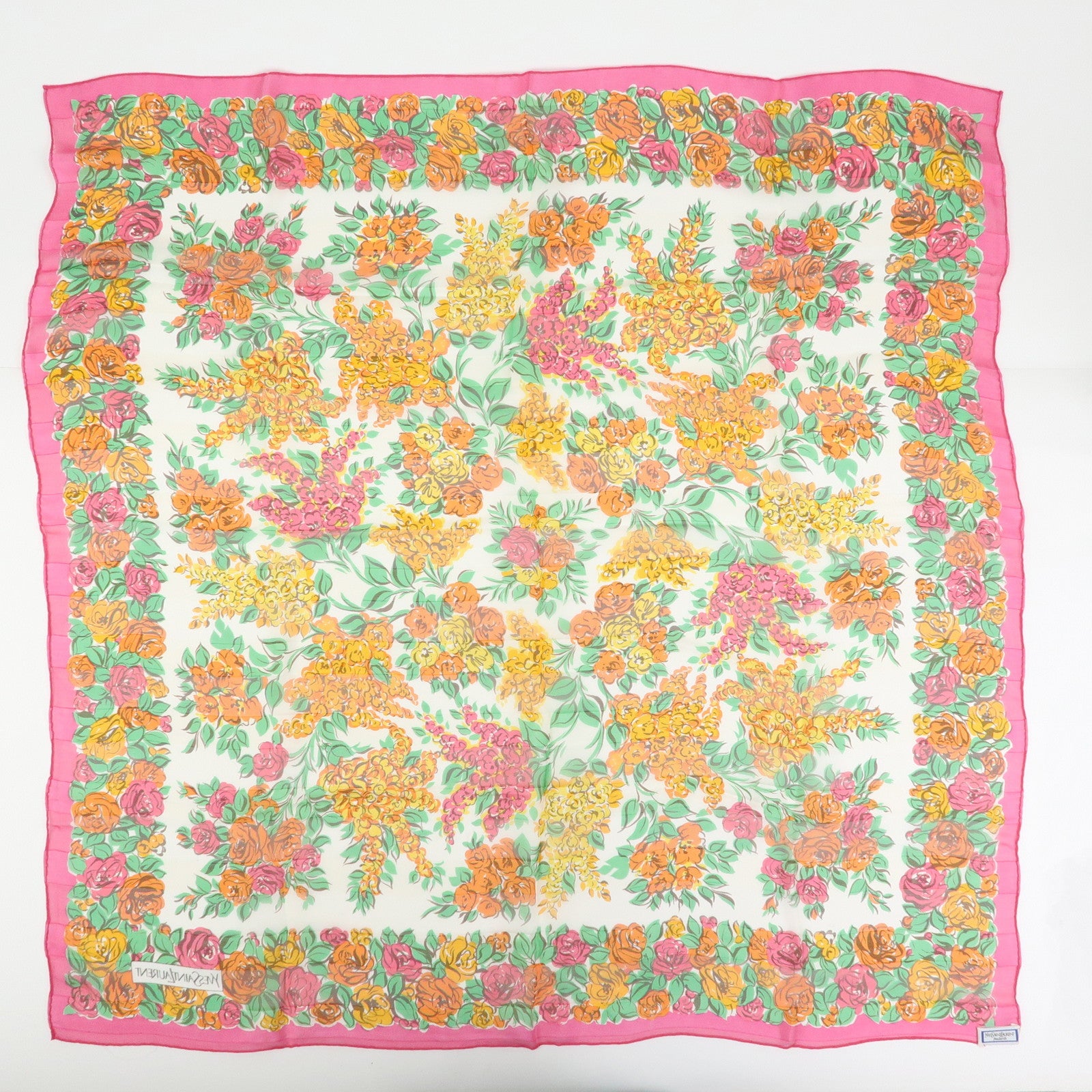 SAINT LAURENT PARIS YSL YVES Silk 100% Scarf Floral Motif Pink