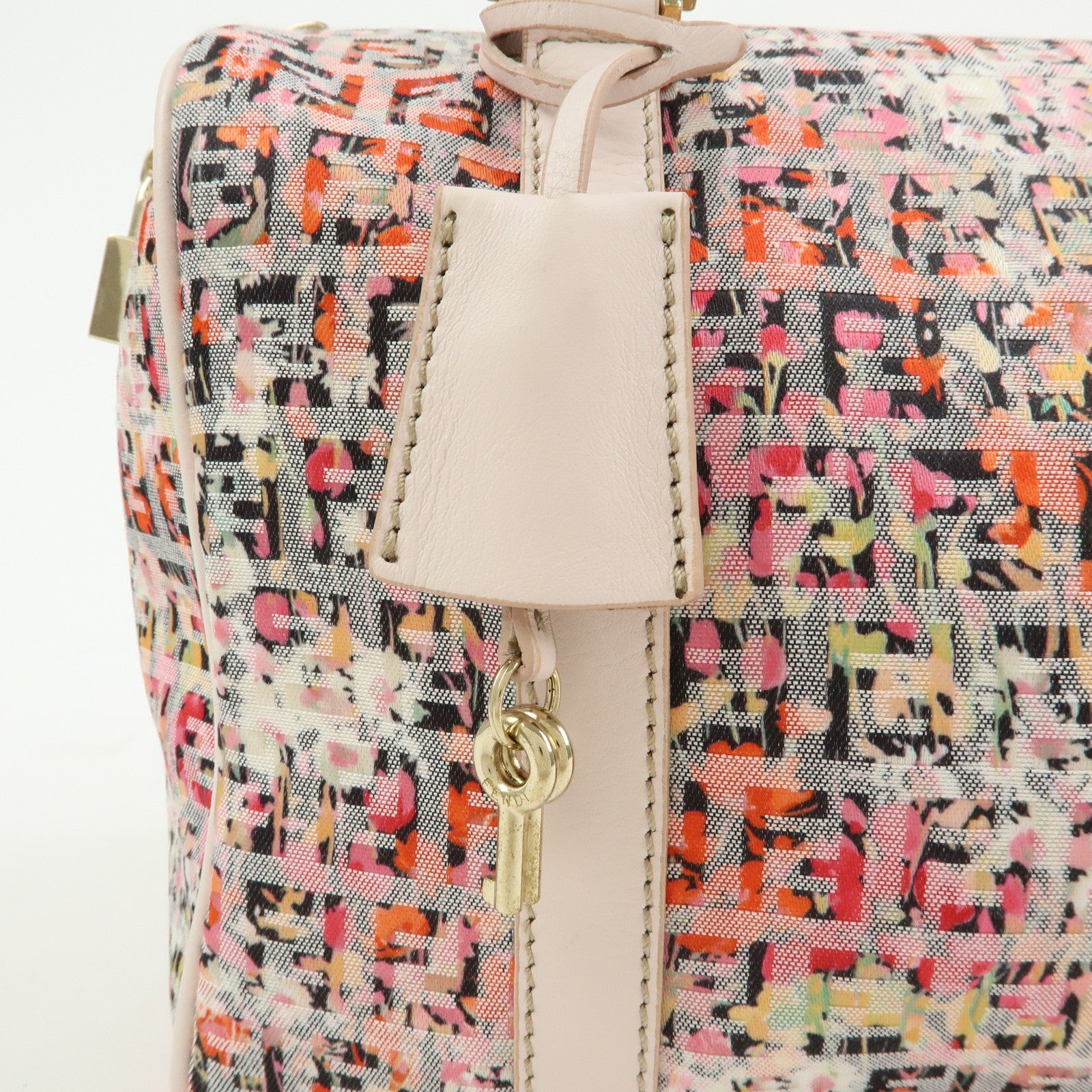 FENDI Zucchino Flower Print Canvas Leather Boston Bag Pink 8BL068