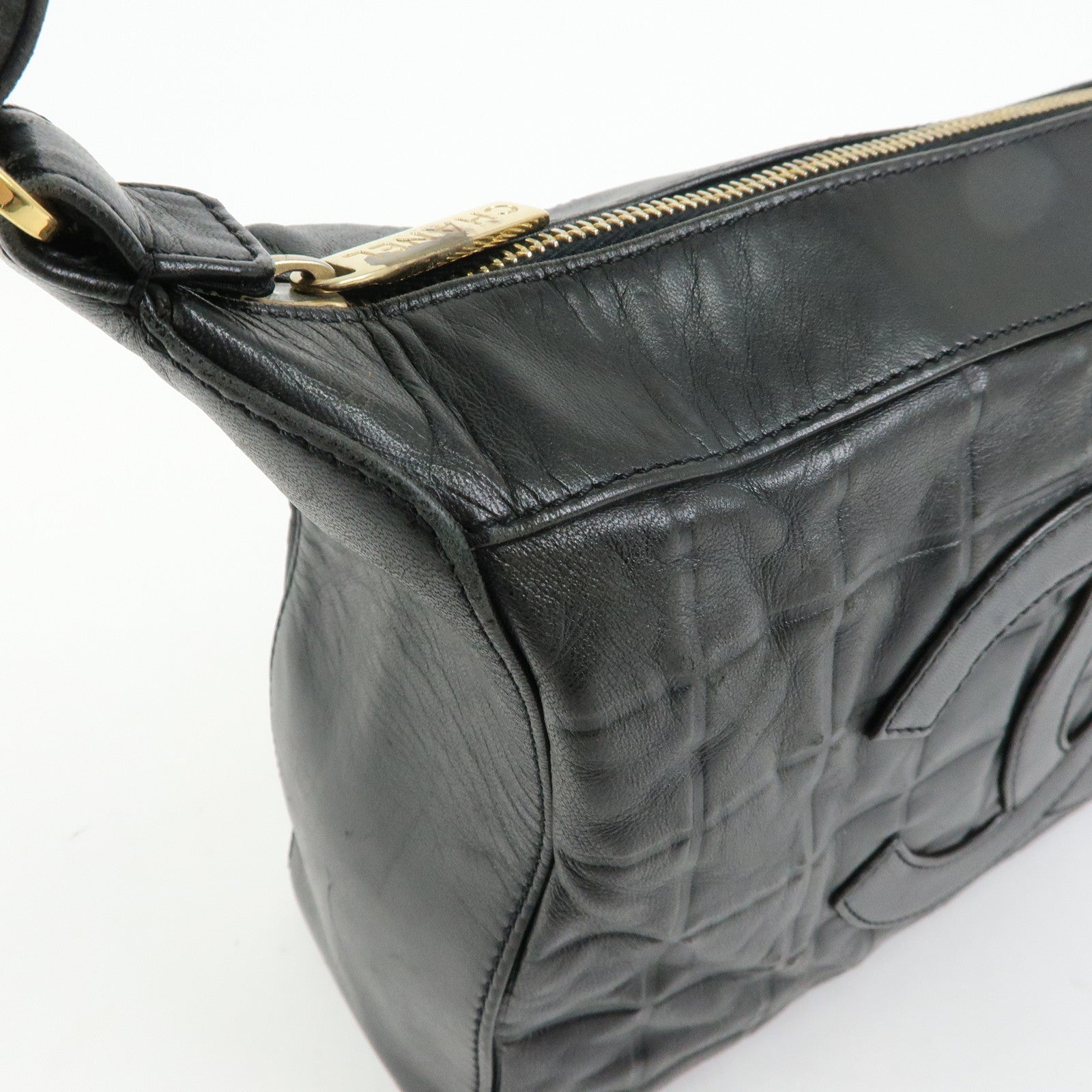 CHANEL Chocolate Bar COCO Mark Lamb Skin Hand Shoulder Bag Black