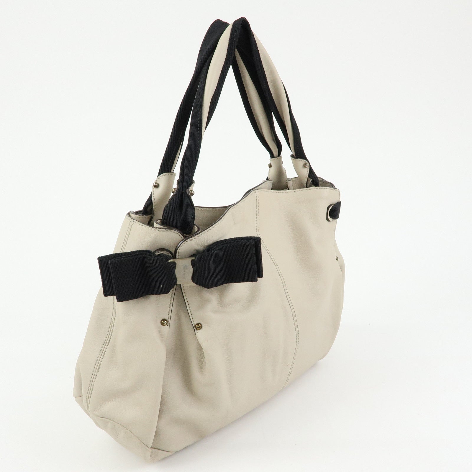 Ferragamo Vara Ribbon Leather Tote Bag Shoulder Bag Beige Black