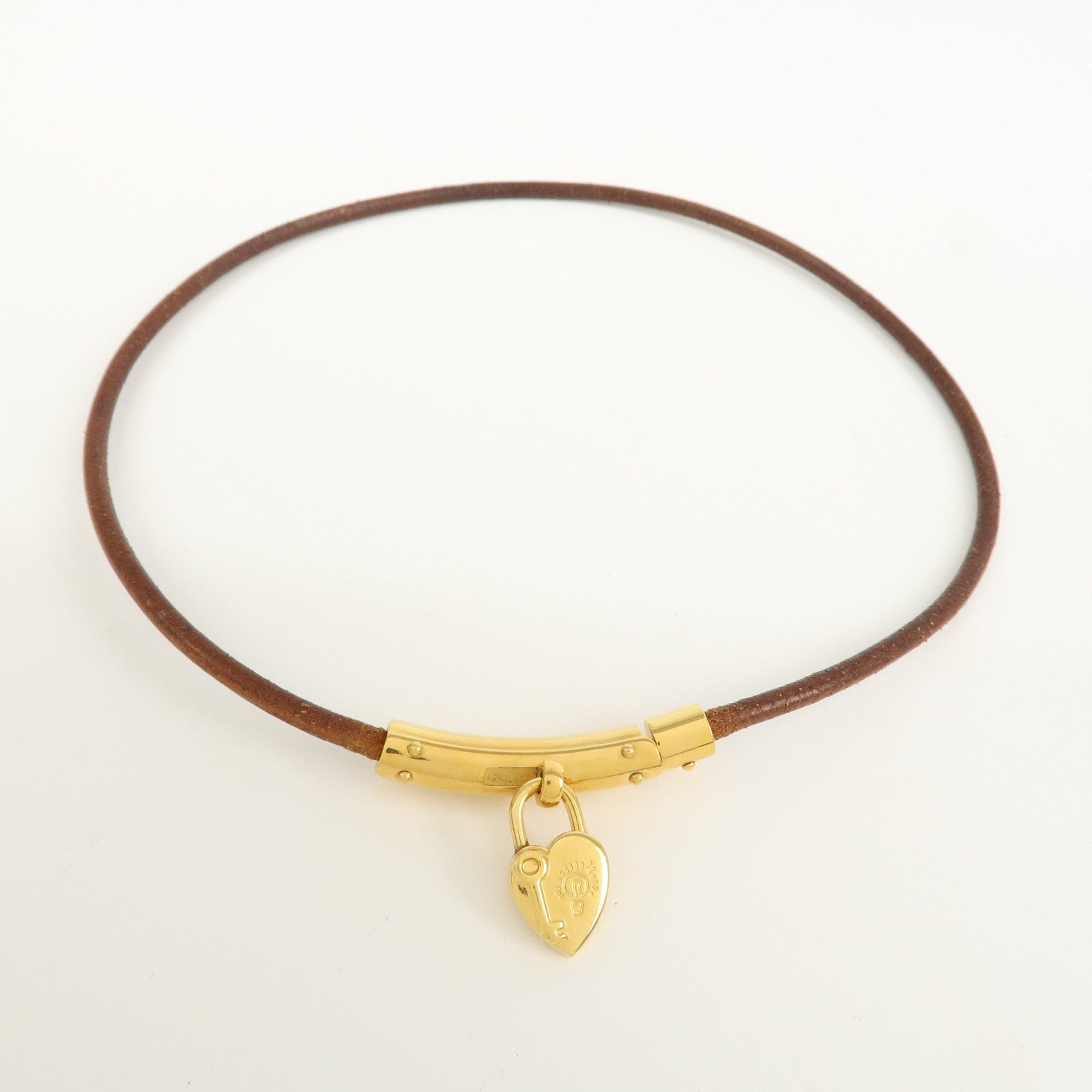 HERMES Leather Viviride Coeur Heart Cadena Necklace Choker Gold