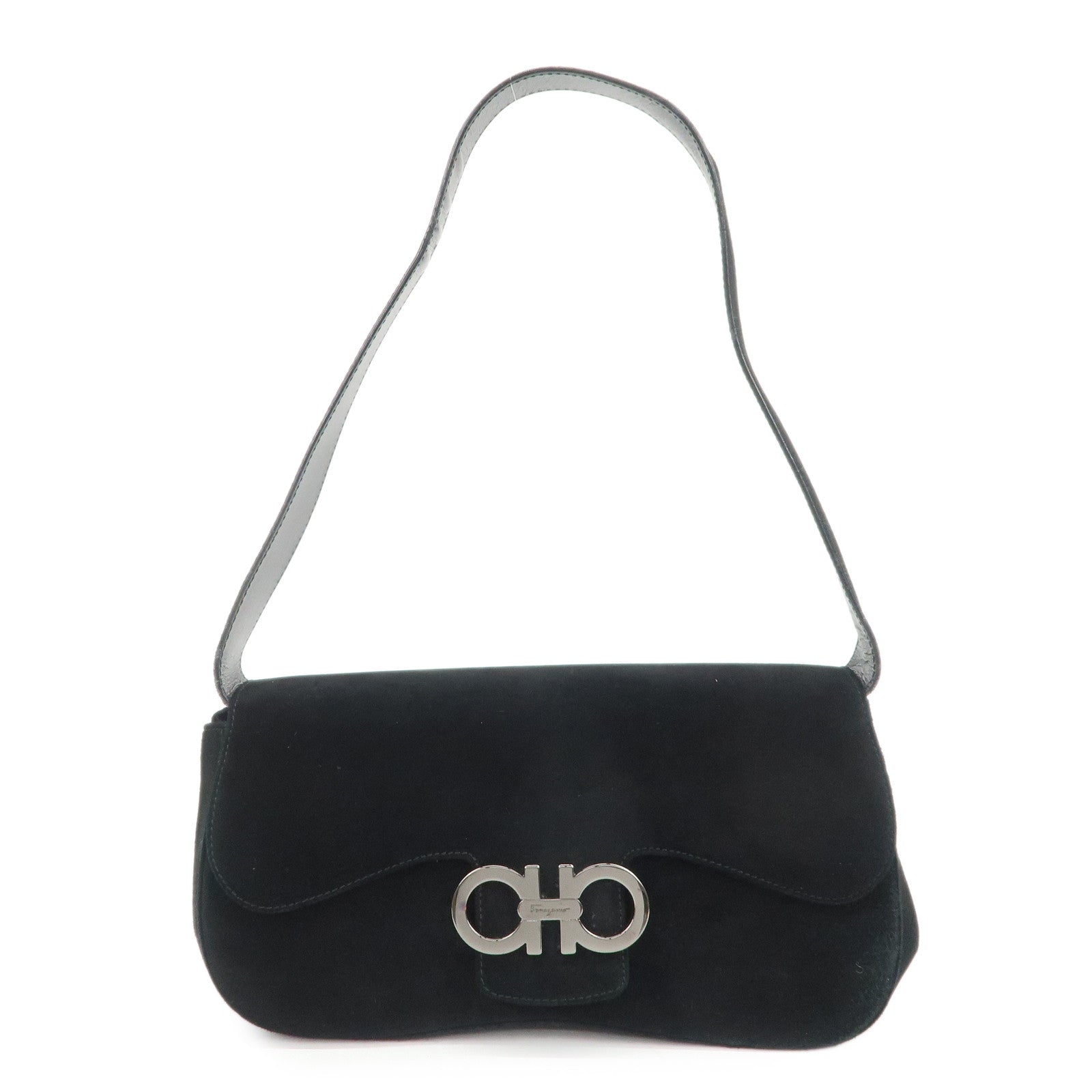 Ferragamo Gancini Suede Leather Shoulder Bag Hand Bag Black