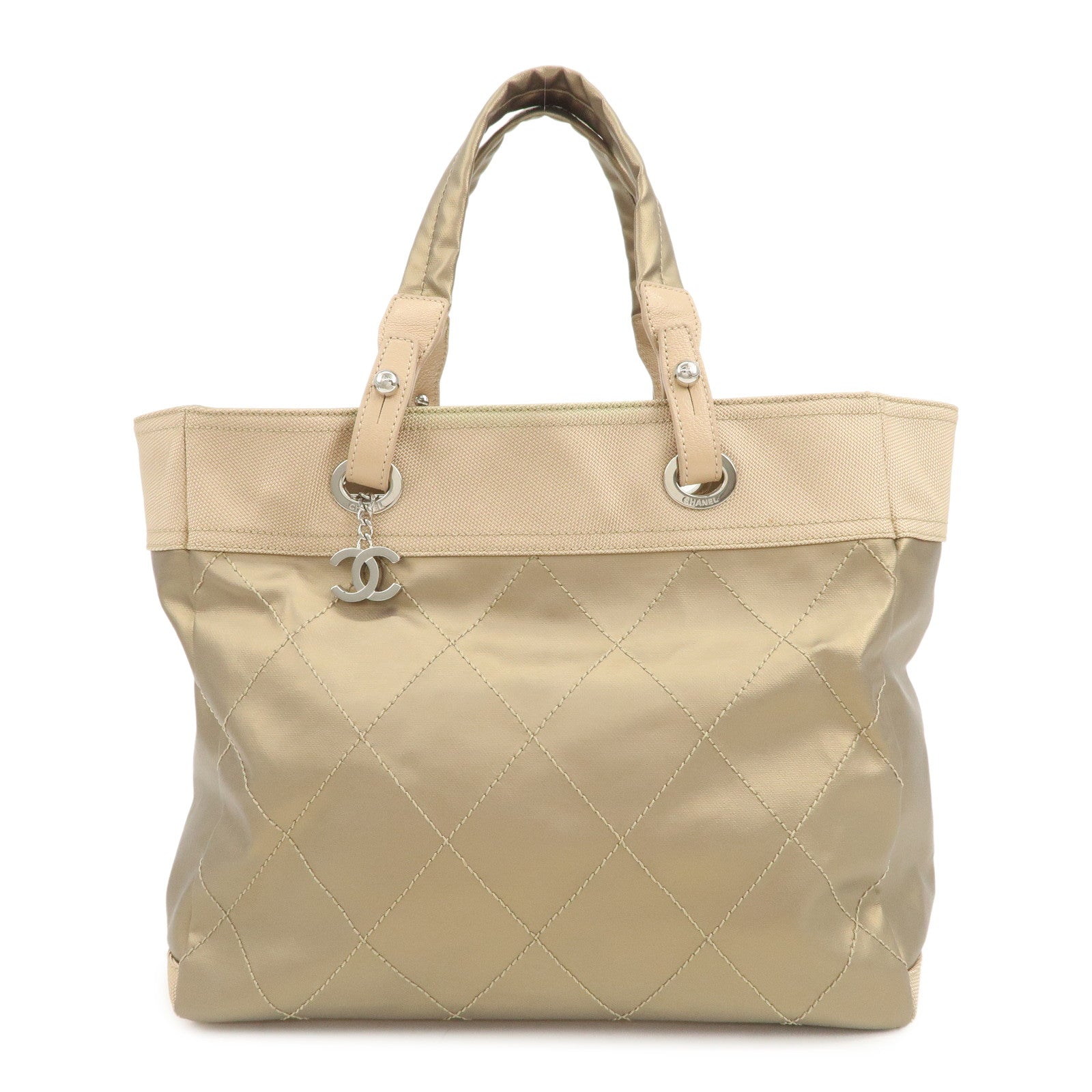 CHANEL Paris Biarritz MM PVC Canvas Tote Bag Hand Bag Beige A34209