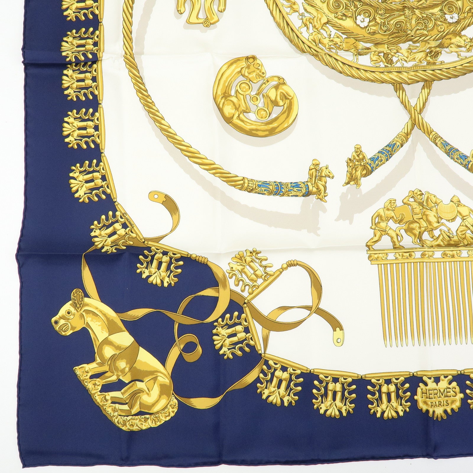HERMES Carre 90 Silk 100% Scarf LES CAVALIERS D'OR Navy White