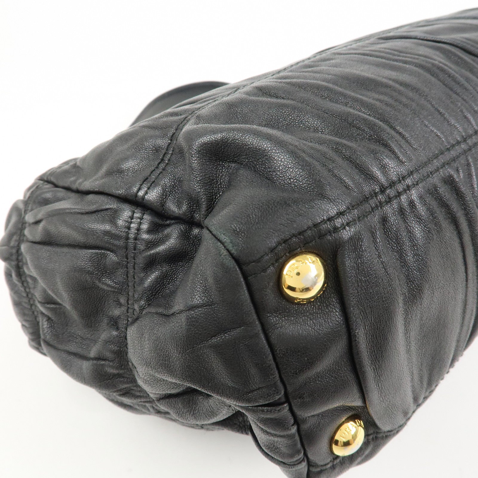 PRADA Logo Nappa Leather Gathered Shoulder Bag Hand Bag Black