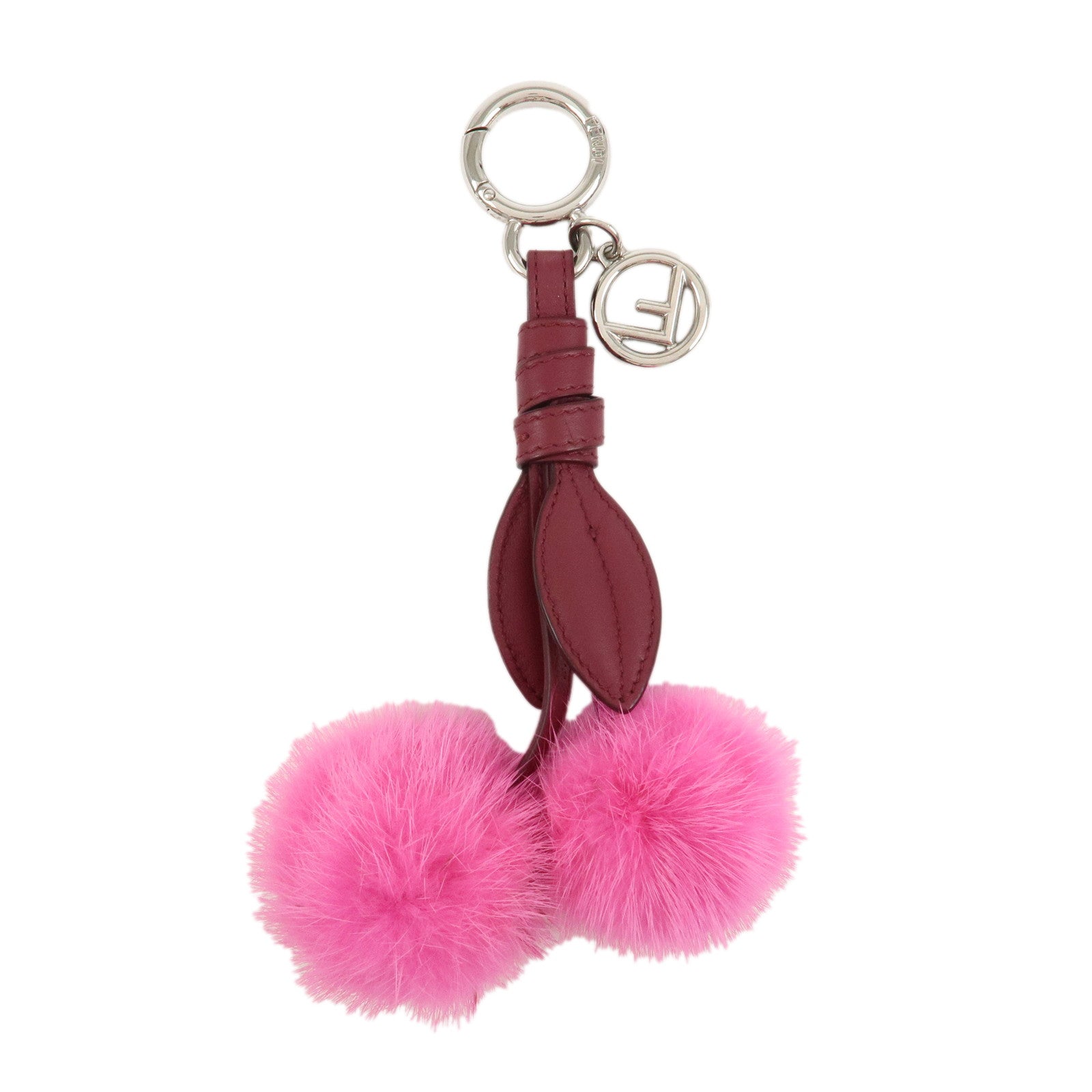 FENDI Logo Leather Fur Bag Charm Key Holder Pink 7AR642