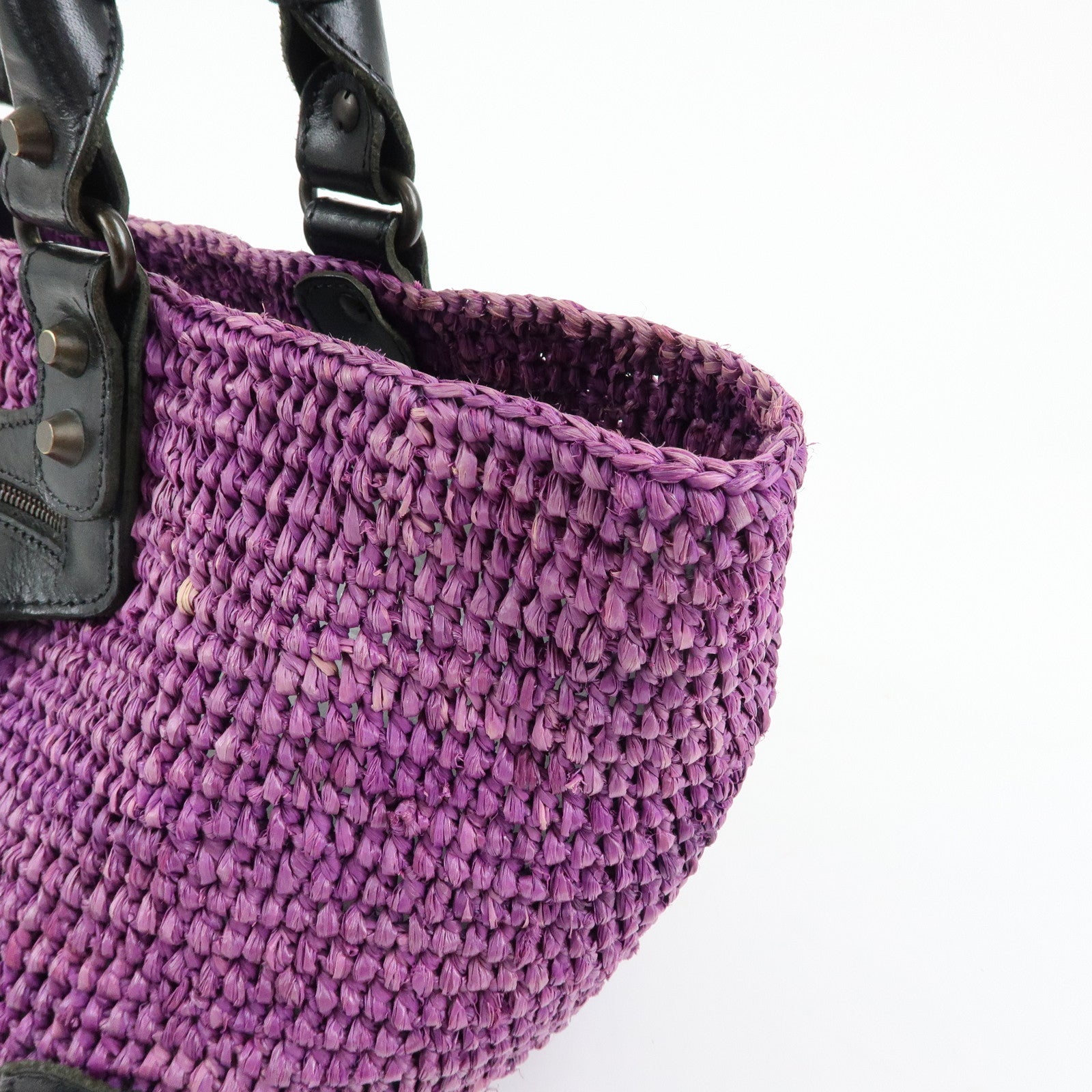 BALENCIAGA Leather Raffia Small Hand Bag Purple Black 236741