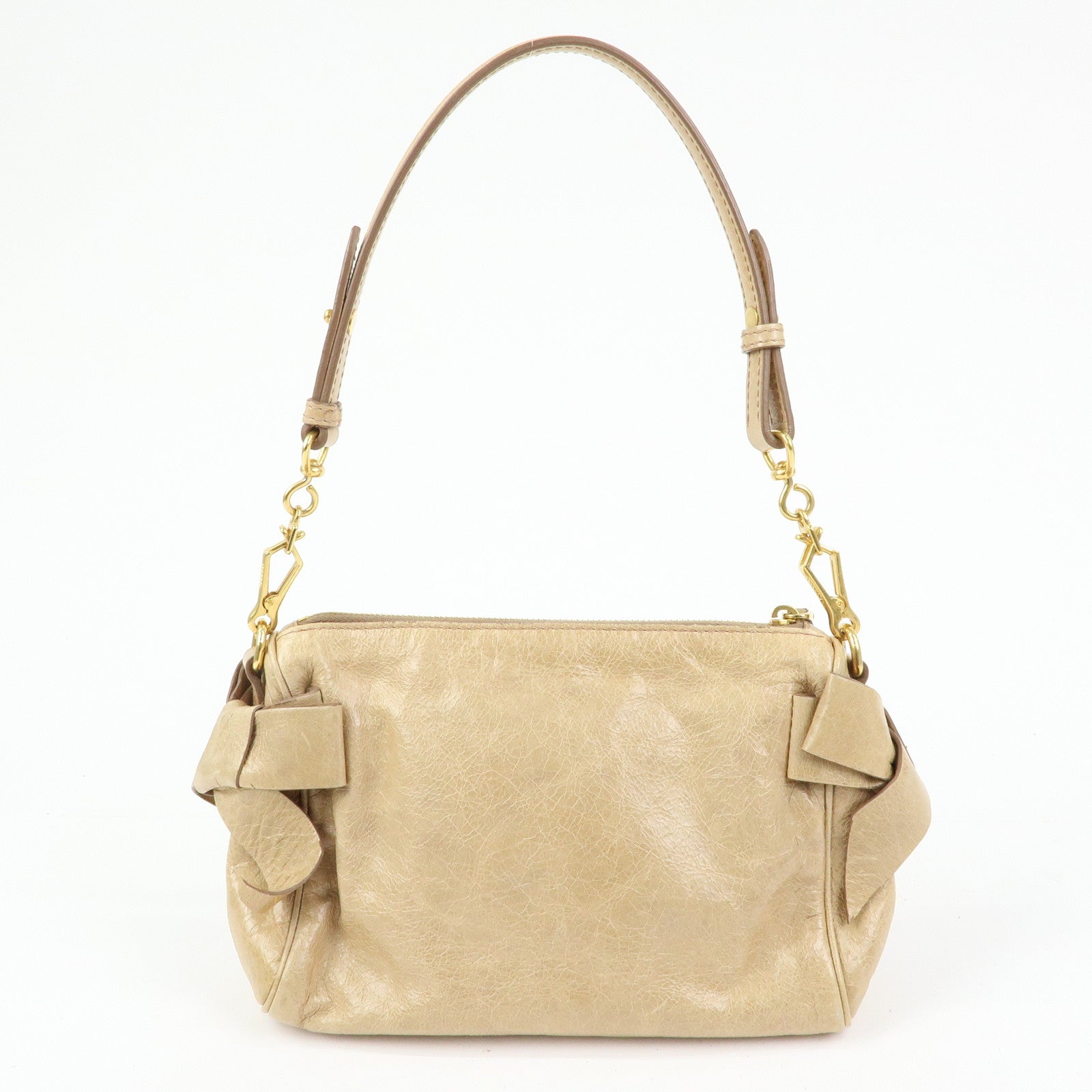 MIU MIU Leather Double Sided Ribbons Hand Bag Shoulder Bag Beige