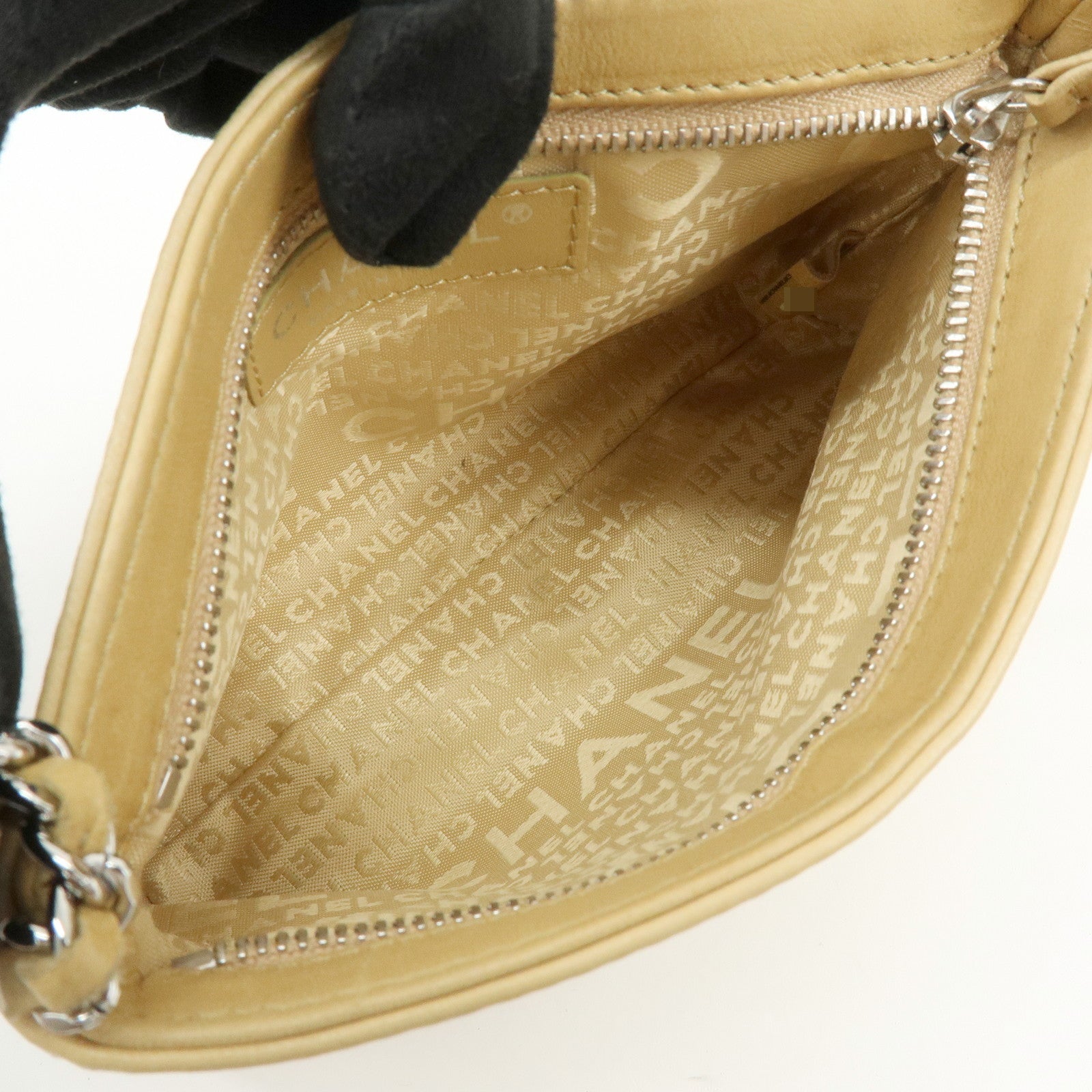 CHANEL Logo Lamb Skin Hand Bag Beige