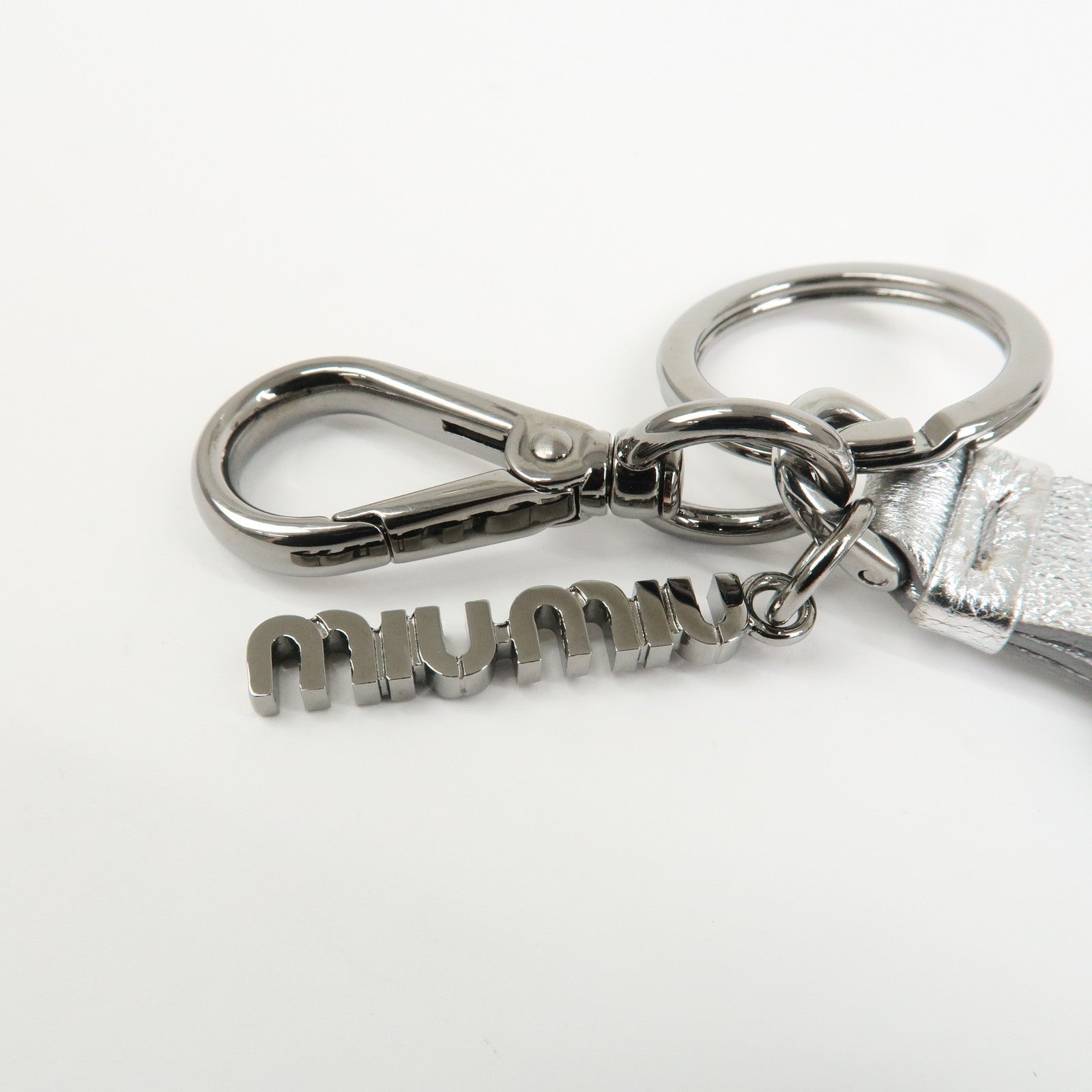 MIU MIU Heart Motif Glitter Leather Key Chain Bag Charm Silver