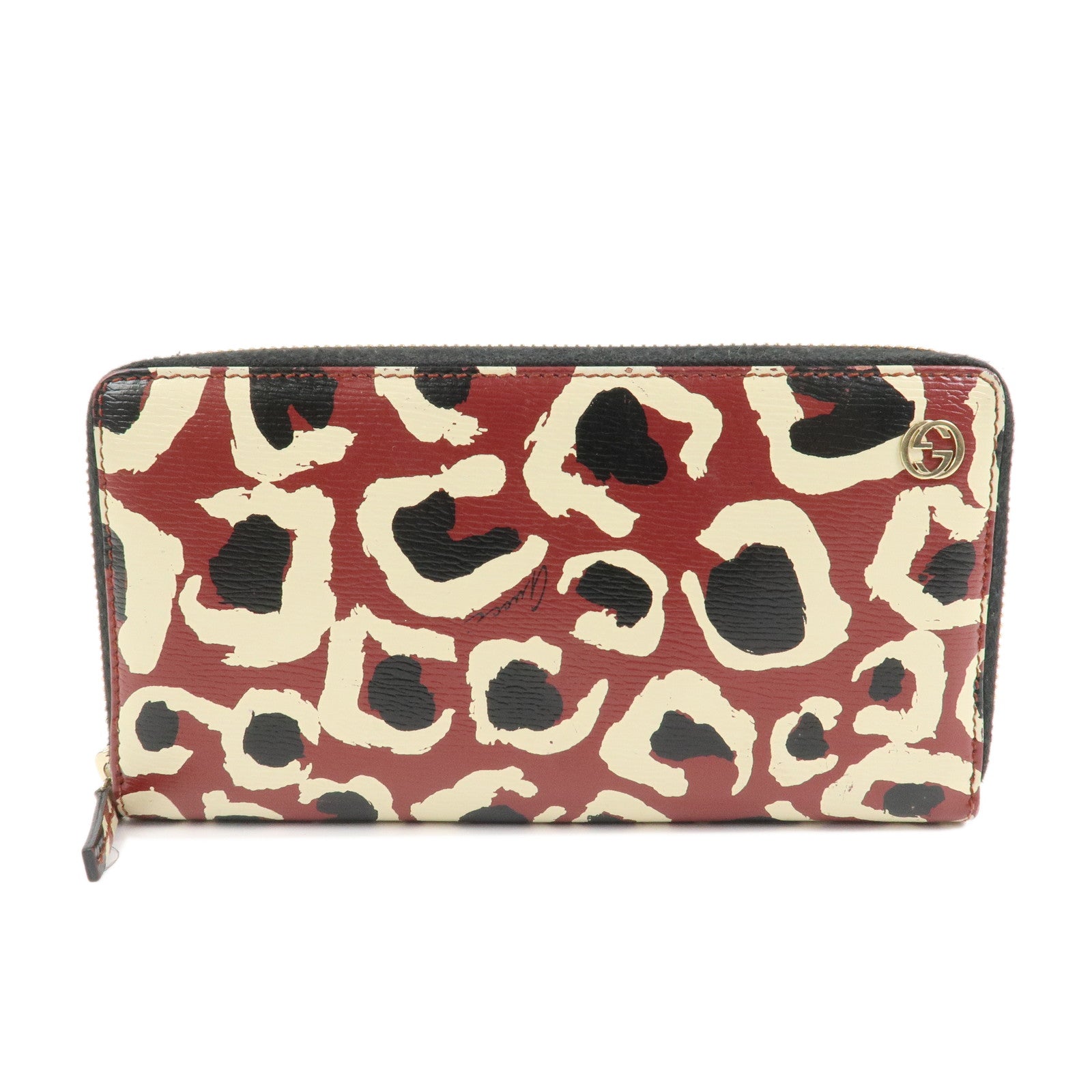 GUCCI Interlocking G Leather Leopard Round Zippy Long Wallet 309705