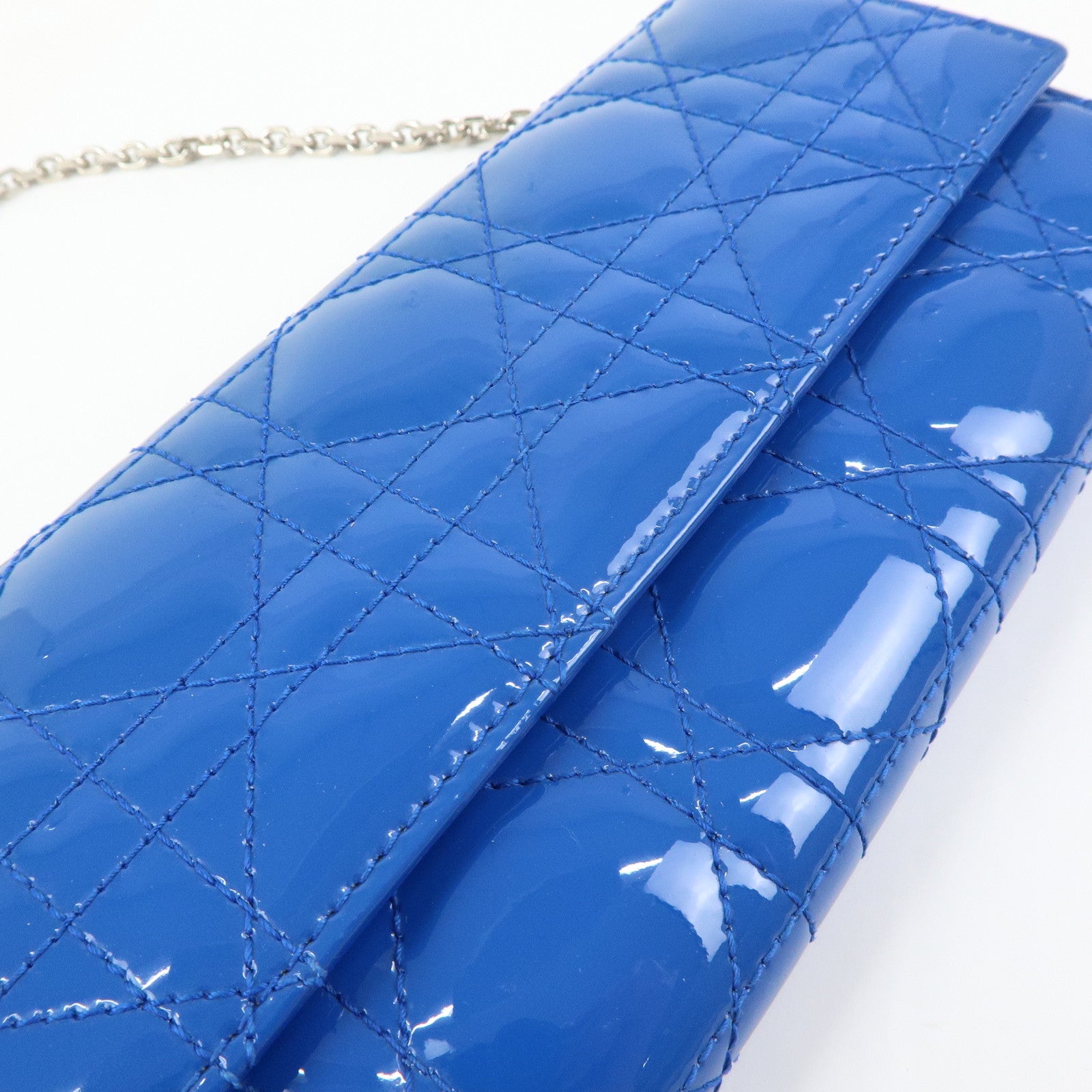 Christian Dior Cannage Patent Leather Chain Wallet WOC Blue Silver
