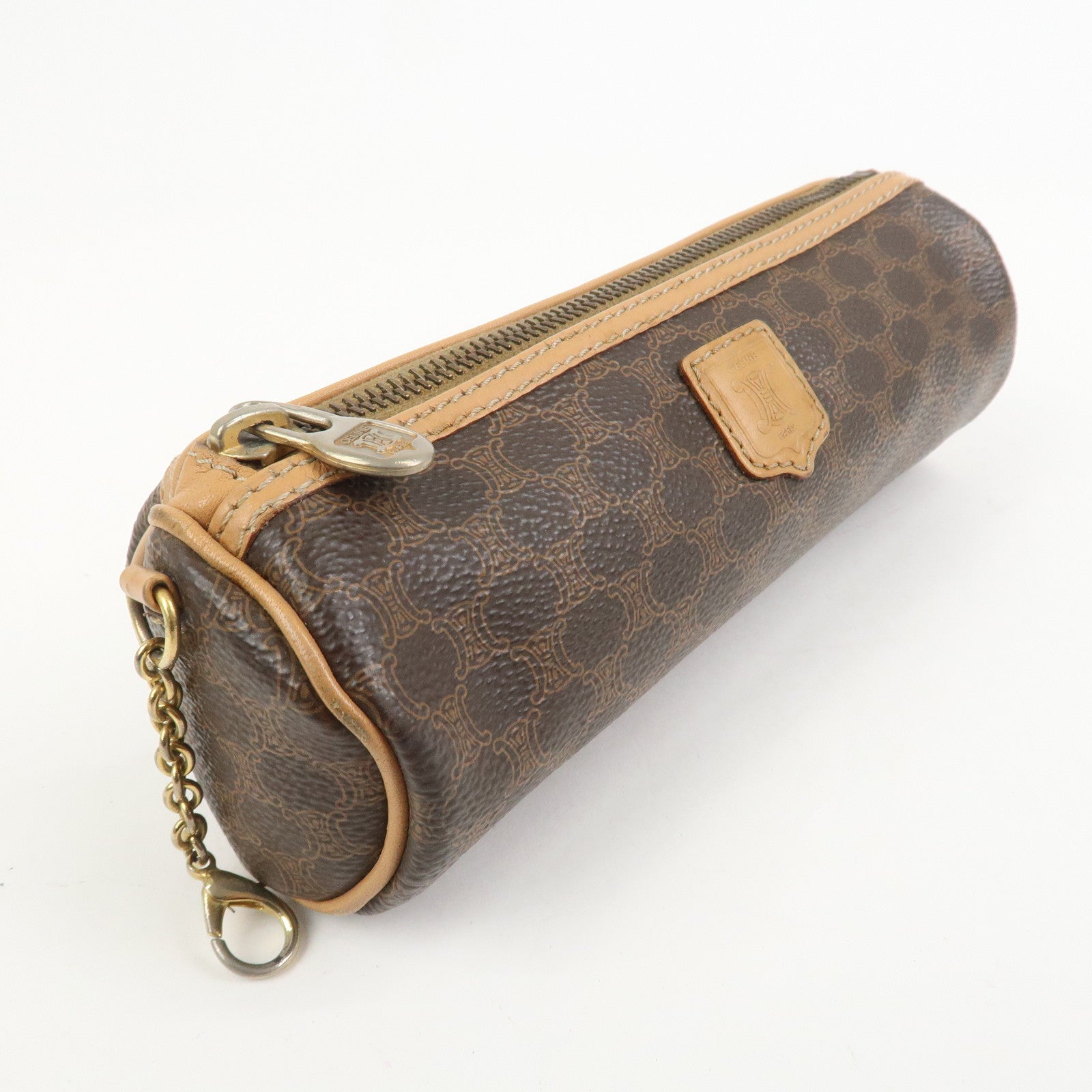 CELINE Macadam PVC Canvas Leather Cosmetic Makeup Pouch Brown
