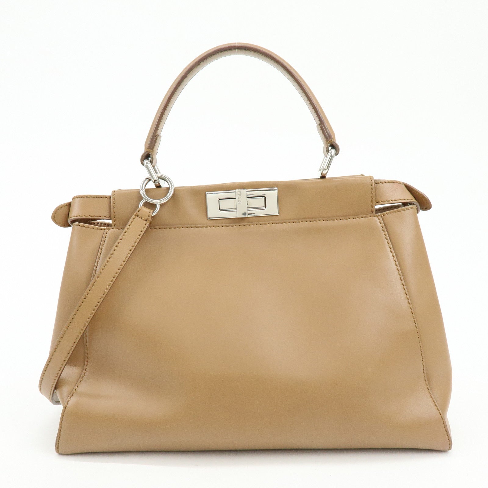 FENDI Peekaboo Leather 2Way Shoulder Bag Hand Bag Camel 8BN226