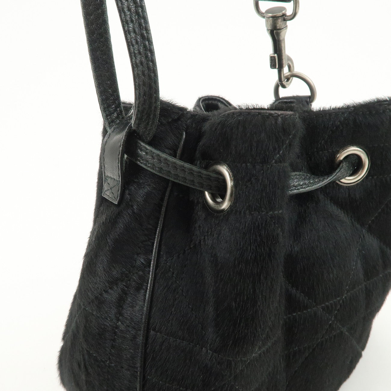 Christian Dior Unborn Carf Leather Drawstring Hand Bag Black Silver