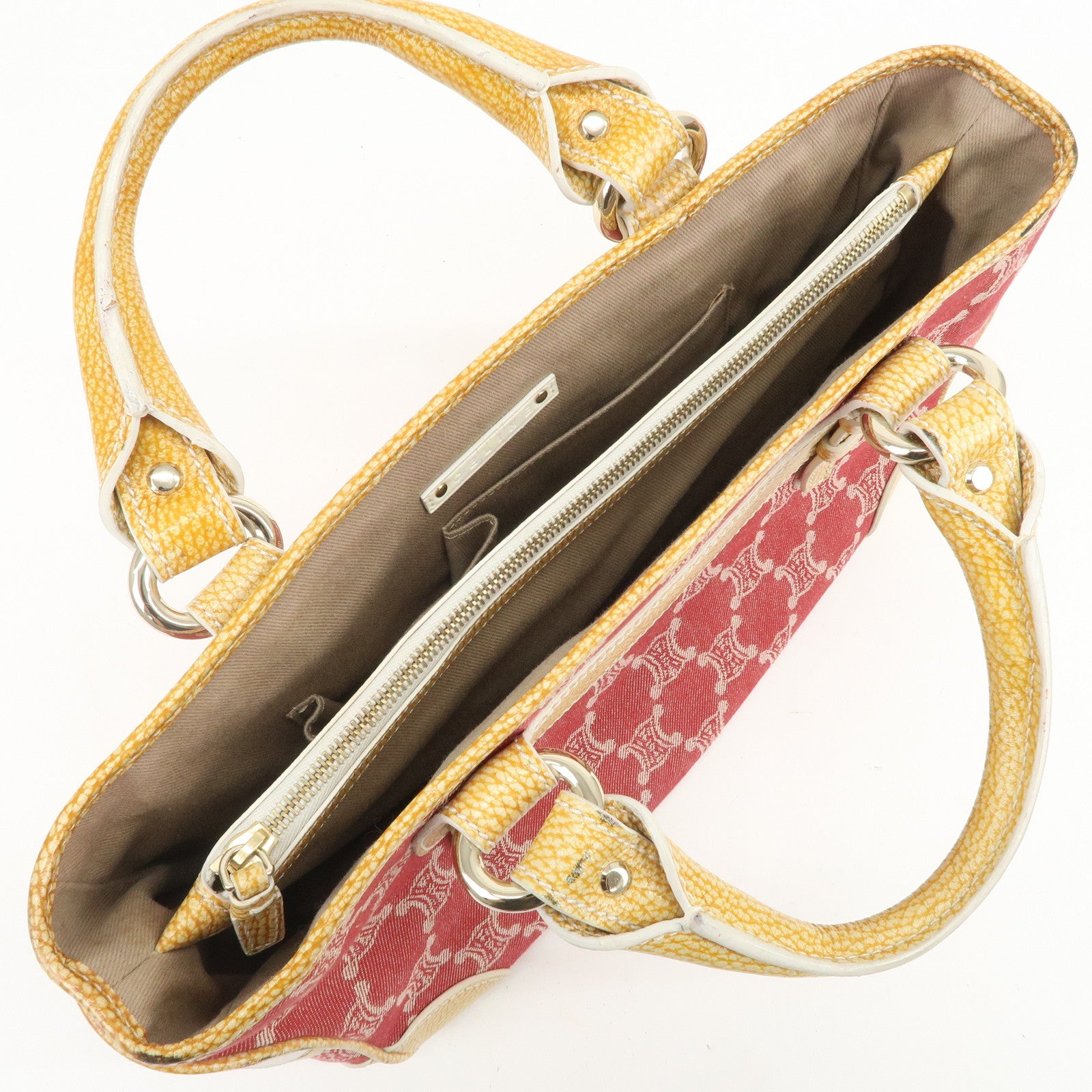 CELINE Macadam Boogie Canvas Leather Hand Bag Red Beige