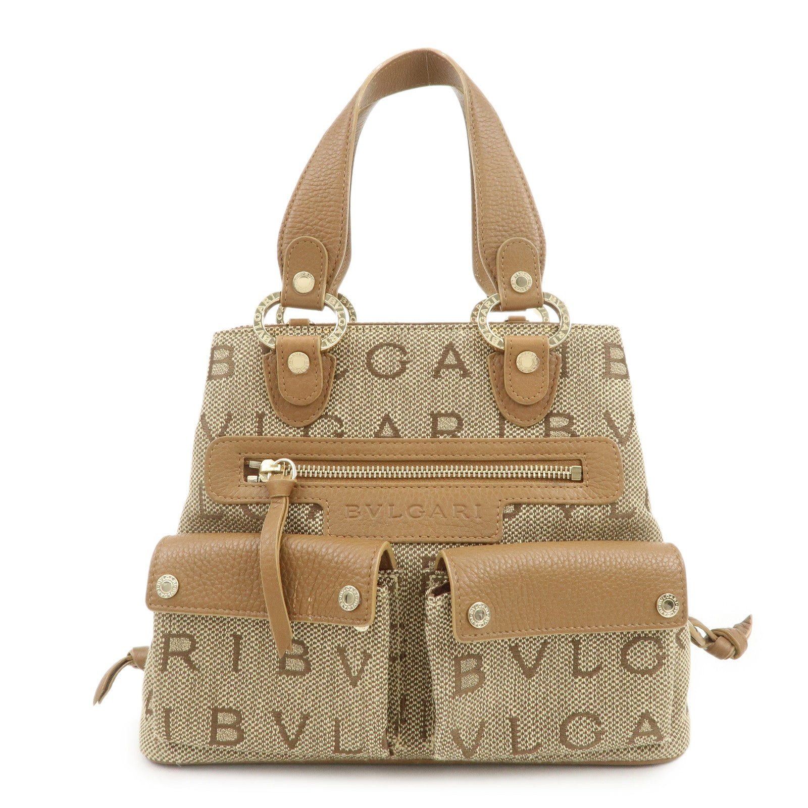 BVLGARI Logo Mania Canvas Leather Hand Bag Light Brown