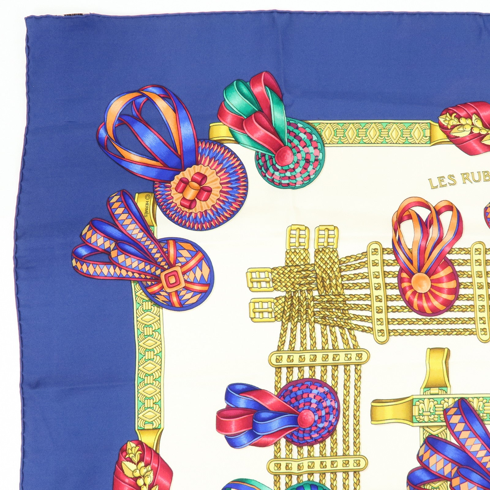 HERMES Carre 90 Silk 100% LES RUBANS DU CHEVAL Scarf Blue White
