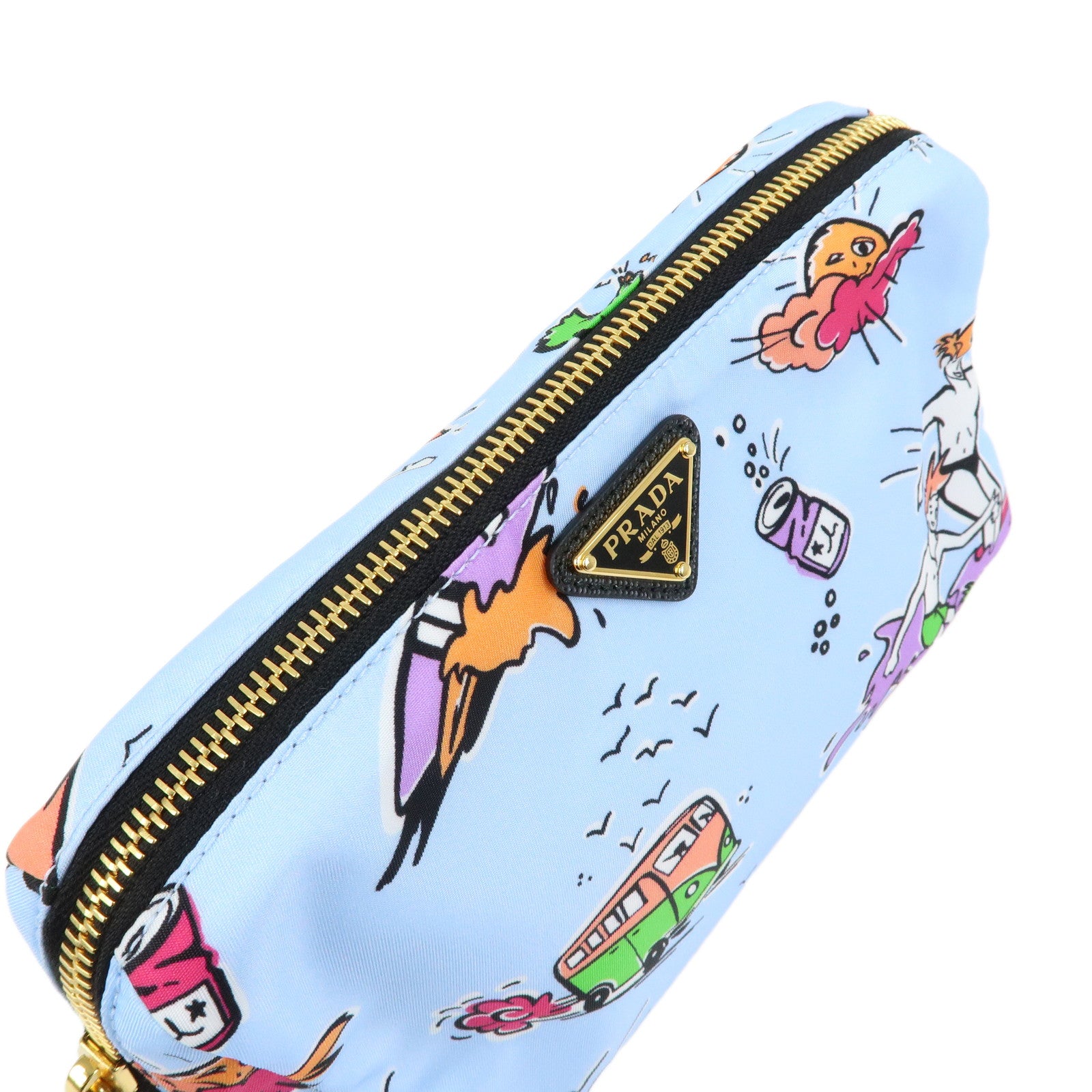 PRADA Triangle Logo Nylon Cosmetic Pouch Light Blue 1NS693