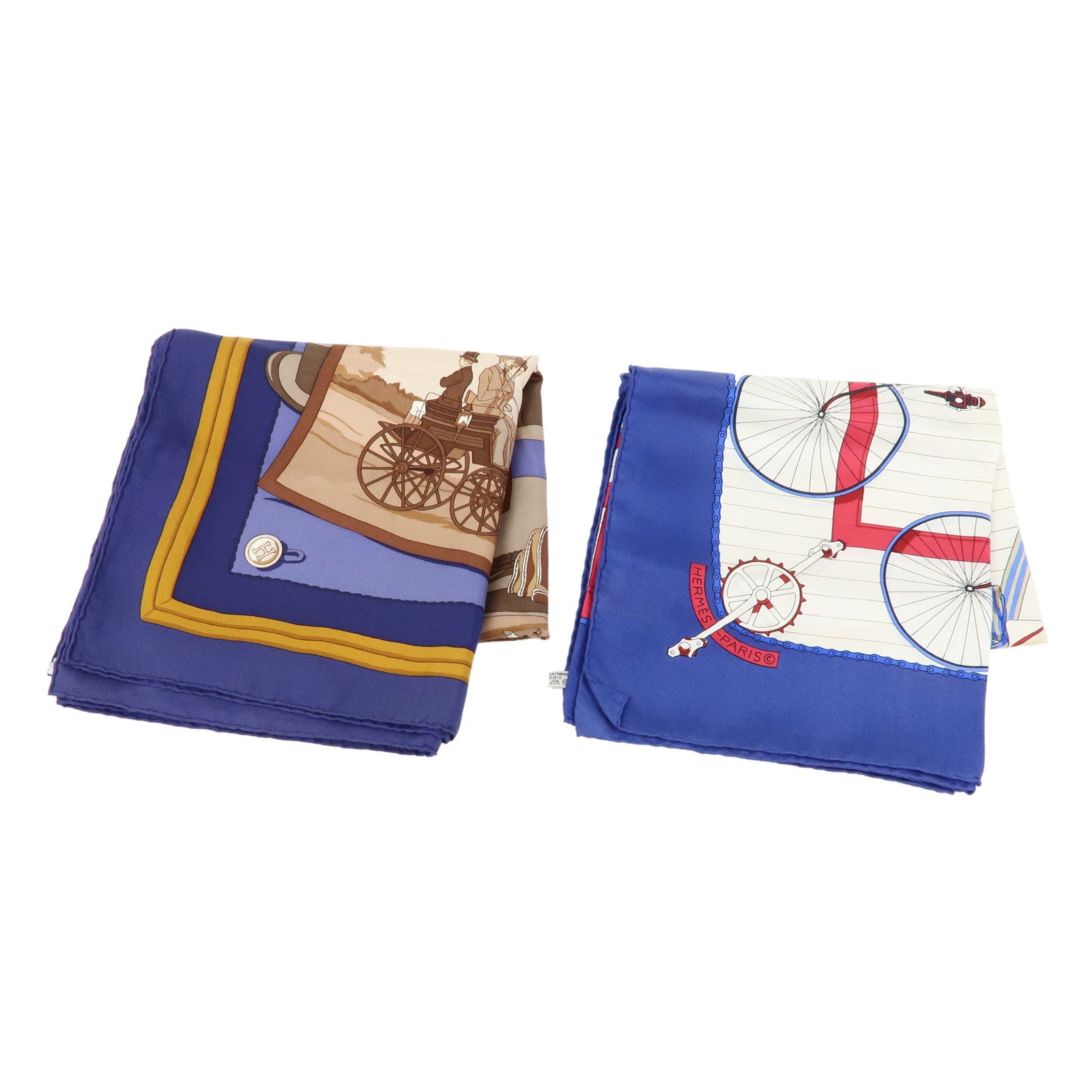 HERMES Carre 90 Set of 2 Silk 100% Scarf Navy Beige Brown