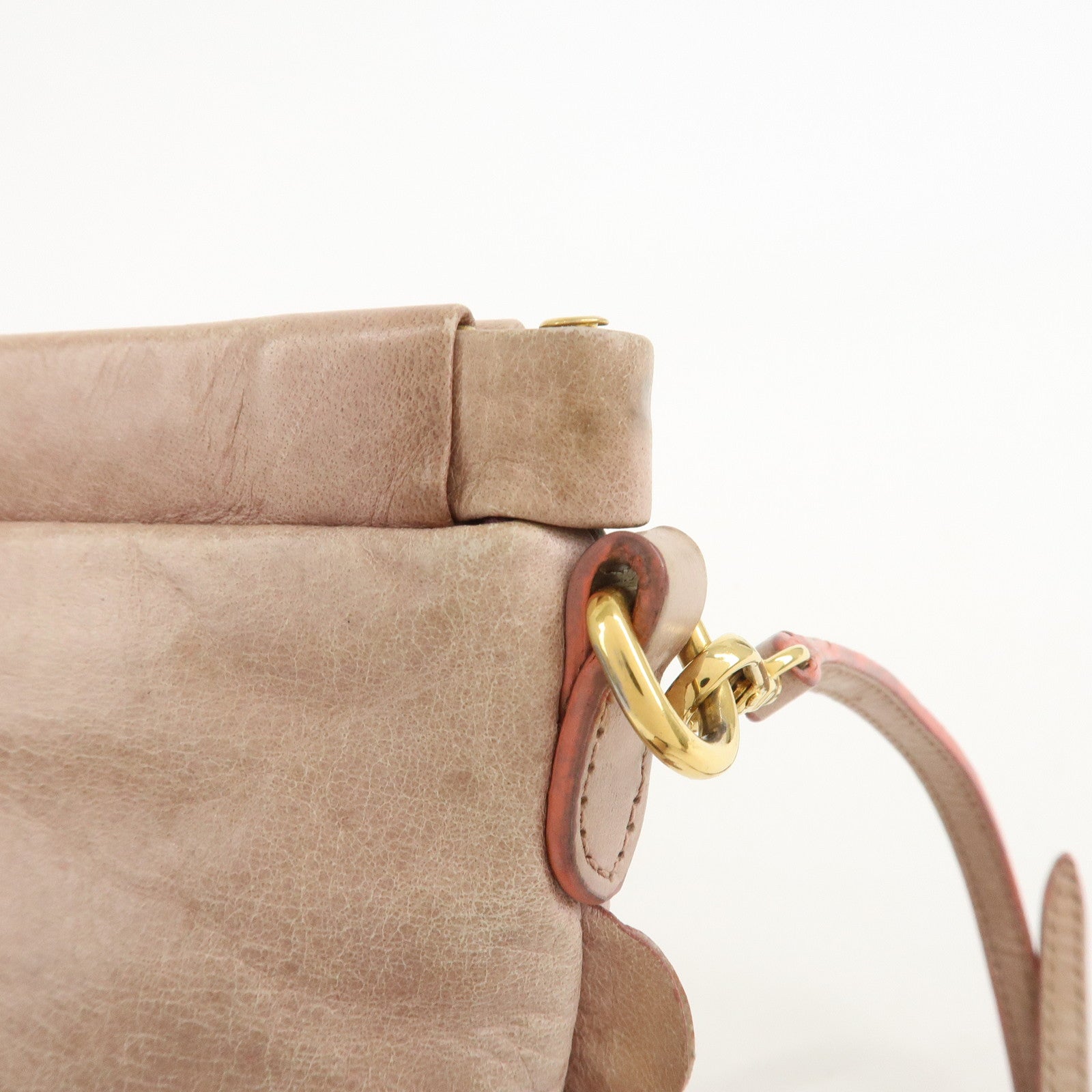 MIU MIU Logo Frilled Leather Shoulder Bag Crossbody Bag Pink Beige
