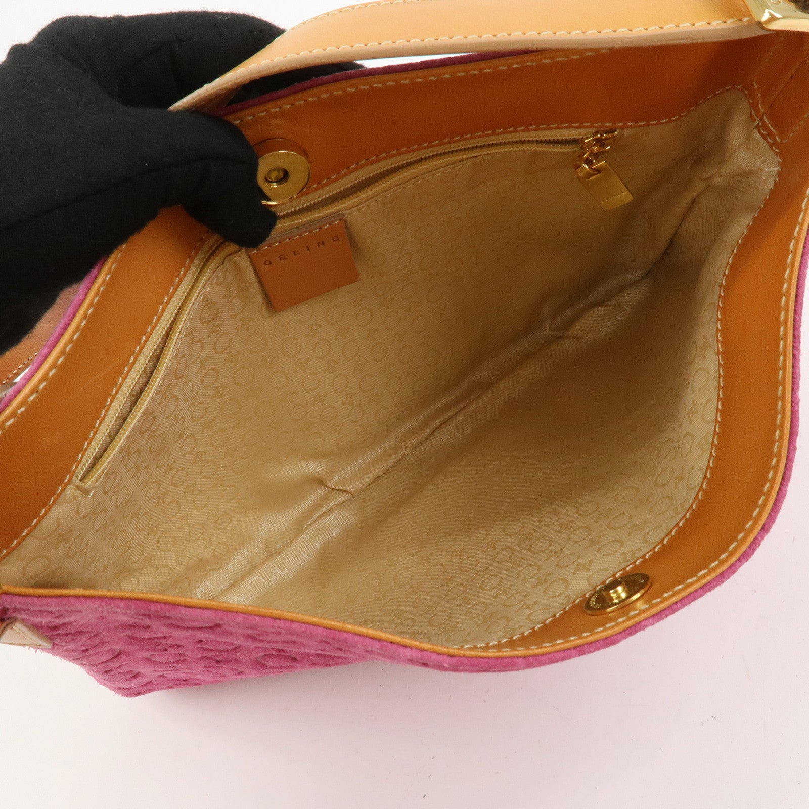 CELINE C Macadam Suede Leather Shoulder Bag Pink Light Brown