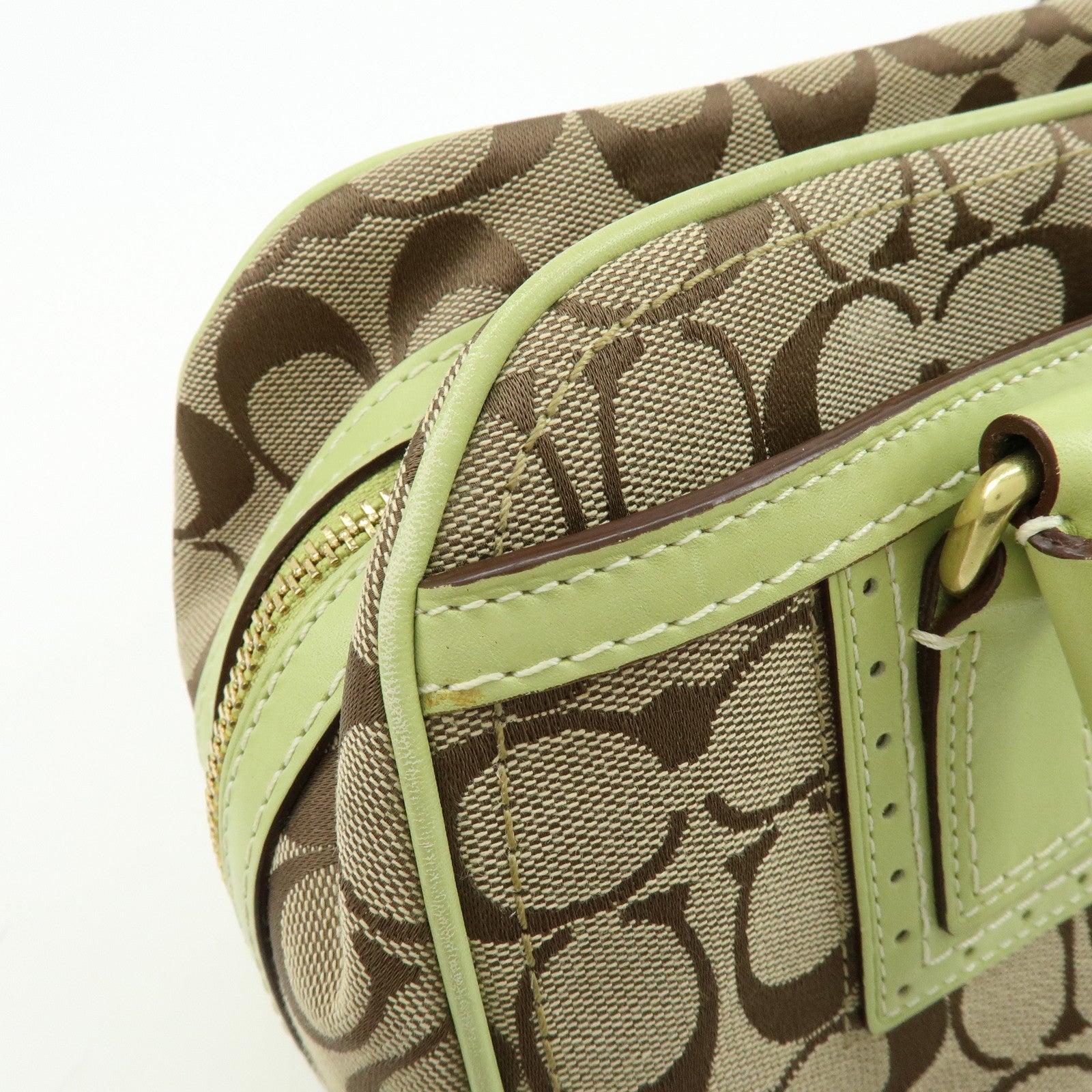 COACH Signature Canvas Leather Boston Hand Bag Light Brown Green