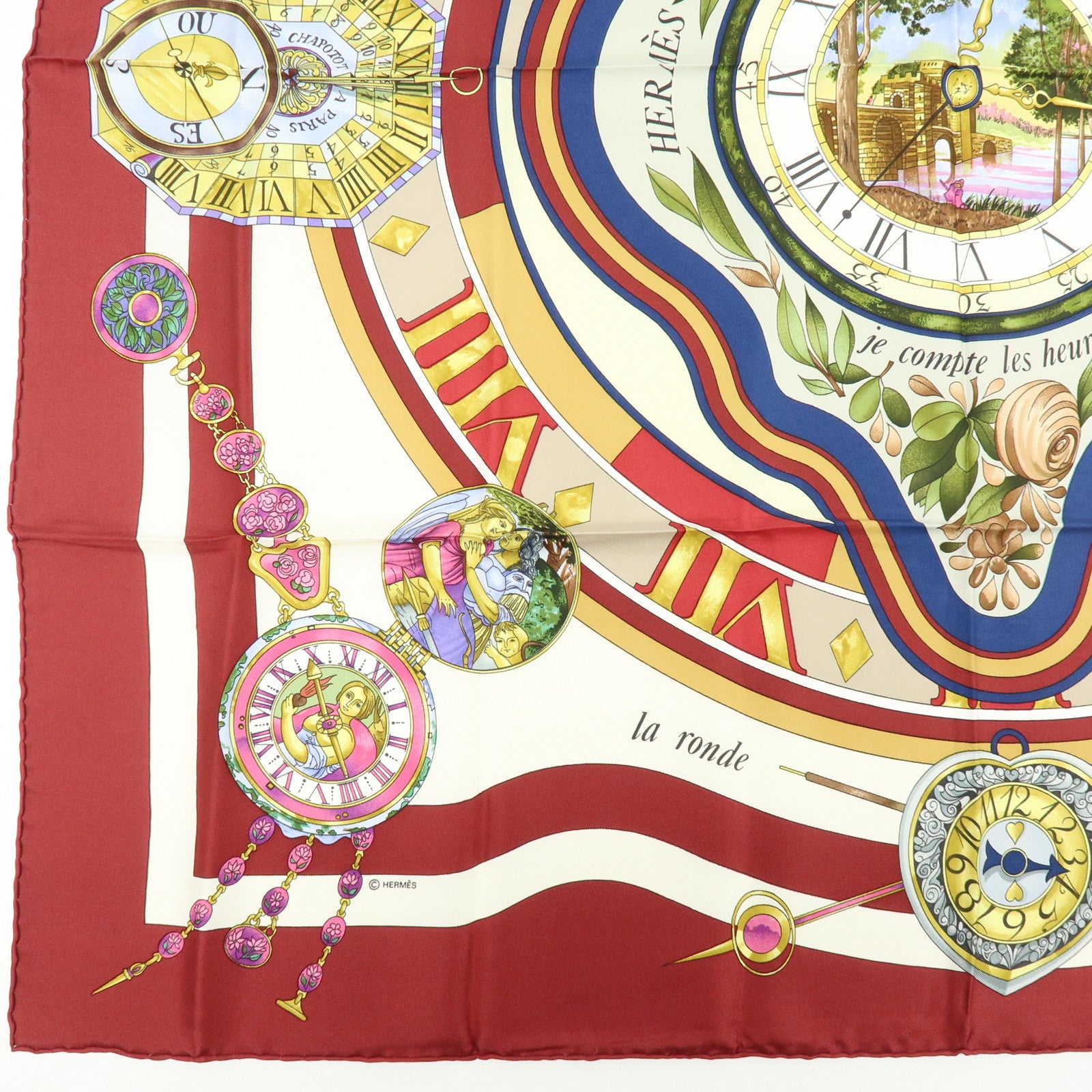 HERMES Carre 90 Silk 100% Scarf la ronde des heures Bordeaux White