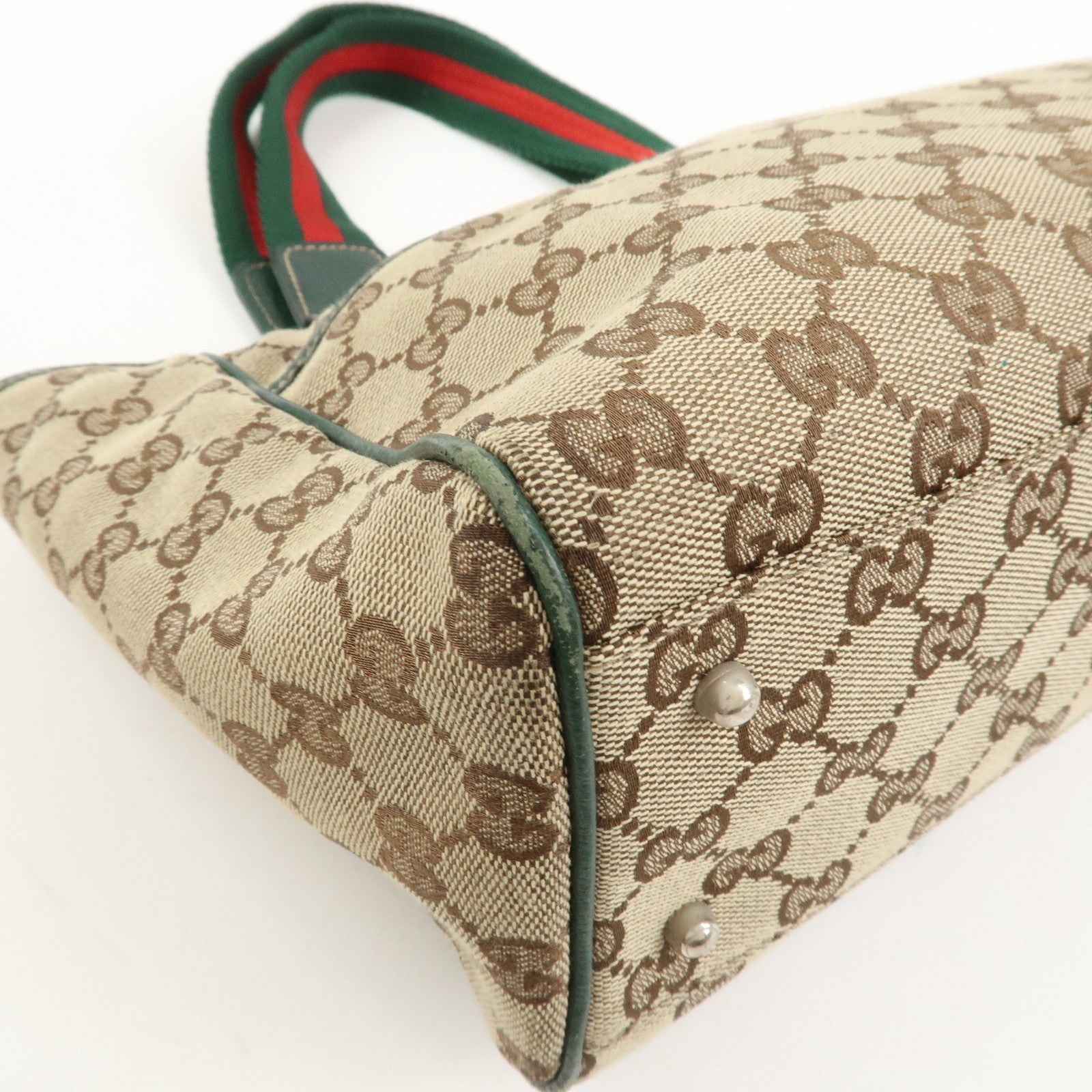 GUCCI Sherry GG Canvas Leather Hand Bag Brown Green 145810