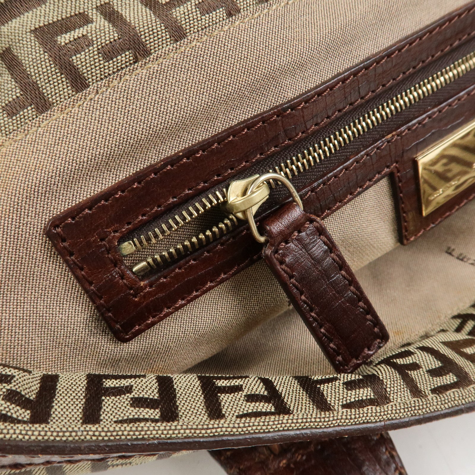 FENDI Zucchino Canvas Leather Tote Bag Shoulder Bag Brown 8BH161