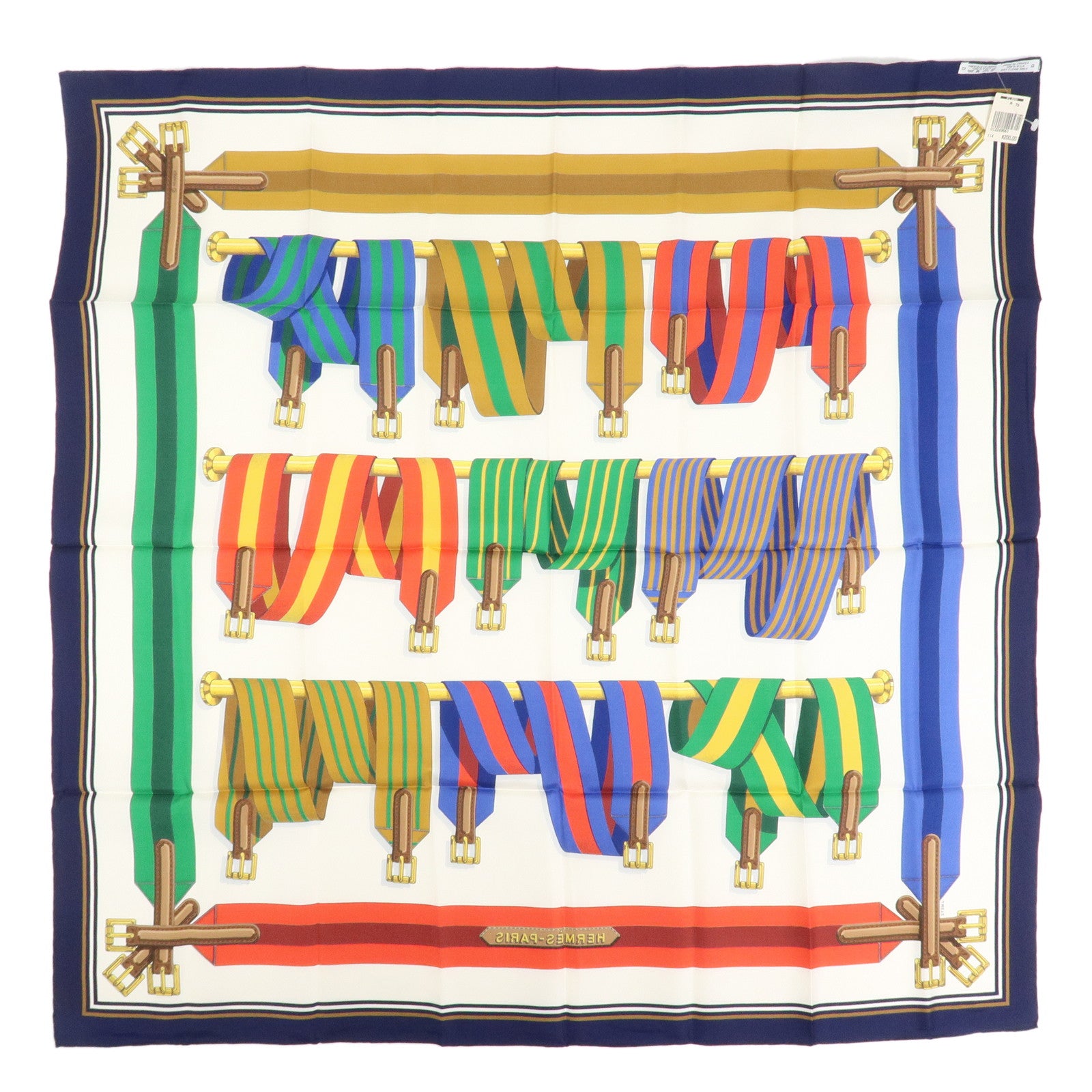 HERMES Carre 90 Silk 100% Scarf J.METZ Les Sangles White Navy