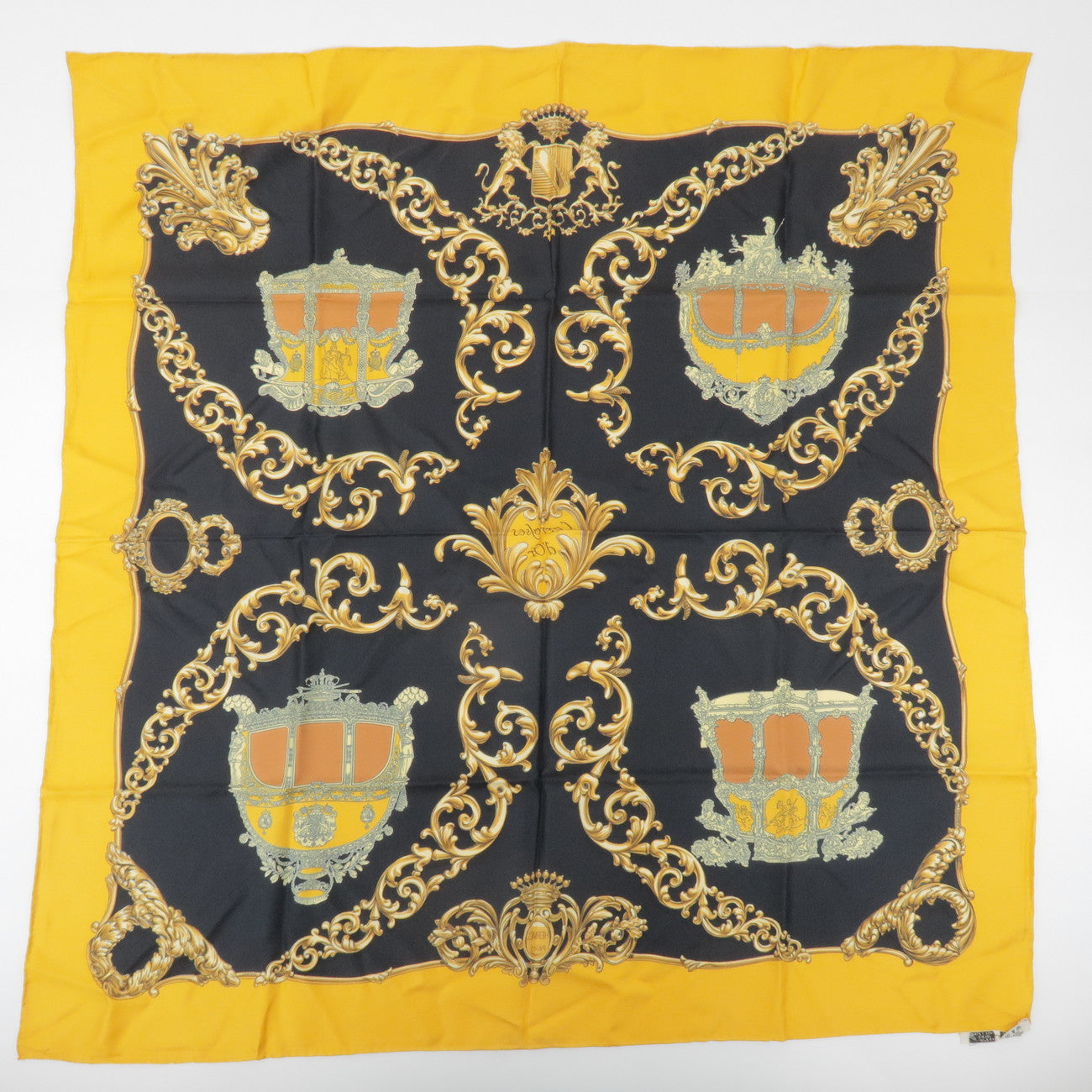 HERMES Carre 90 Silk 100% Scarf Carrosses d'Or Gold Black