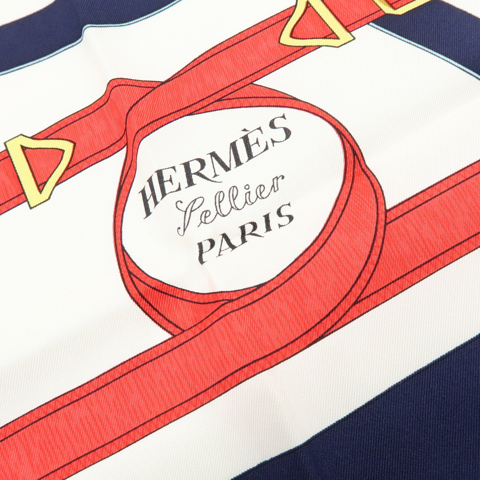 HERMES Carre 90 Silk 100% Scarf Eperon d'or Navy White Yellow Red