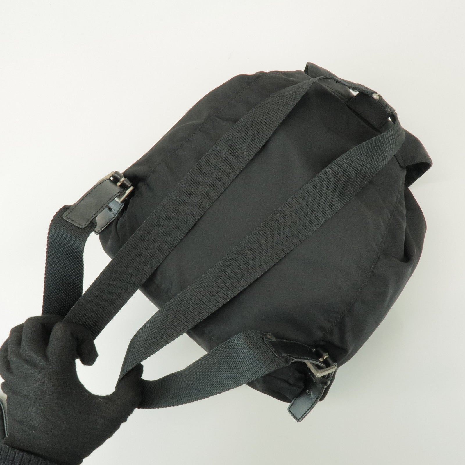 PRADA Triangle Logo Nylon Leather Backpack Rucksack Black B4650F