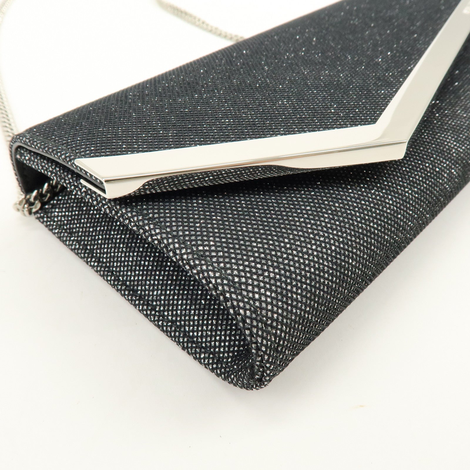 JIMMY CHOO Emmie Canvas Leather Chain Shoulder Bag Silver Black