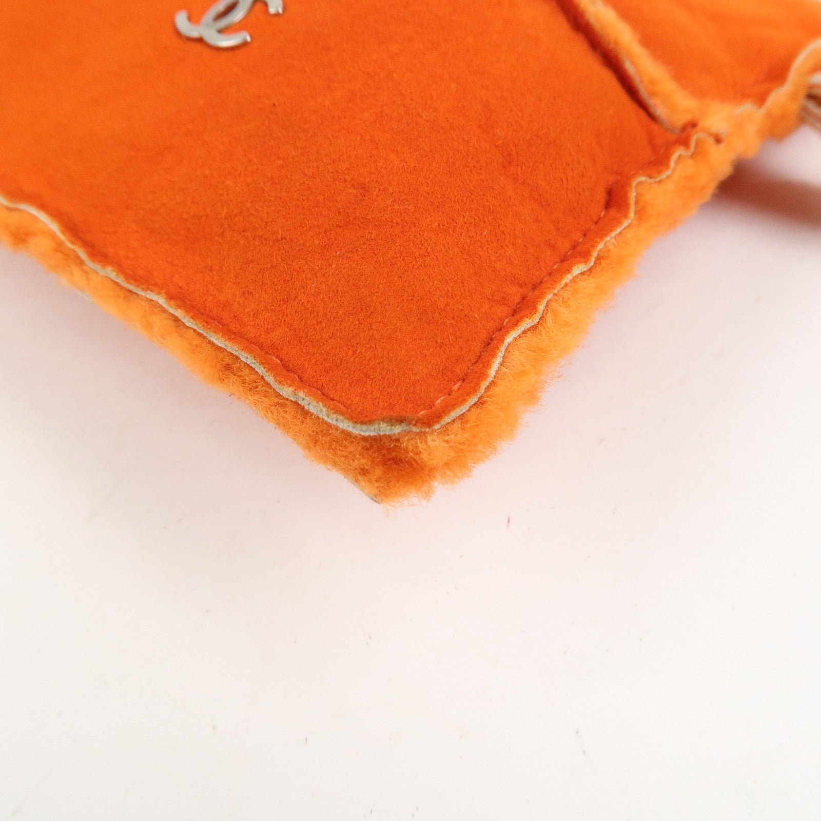 CHANEL Logo Mouton Clutch Bag Cosmetic Pouch Makeup Bag Orange