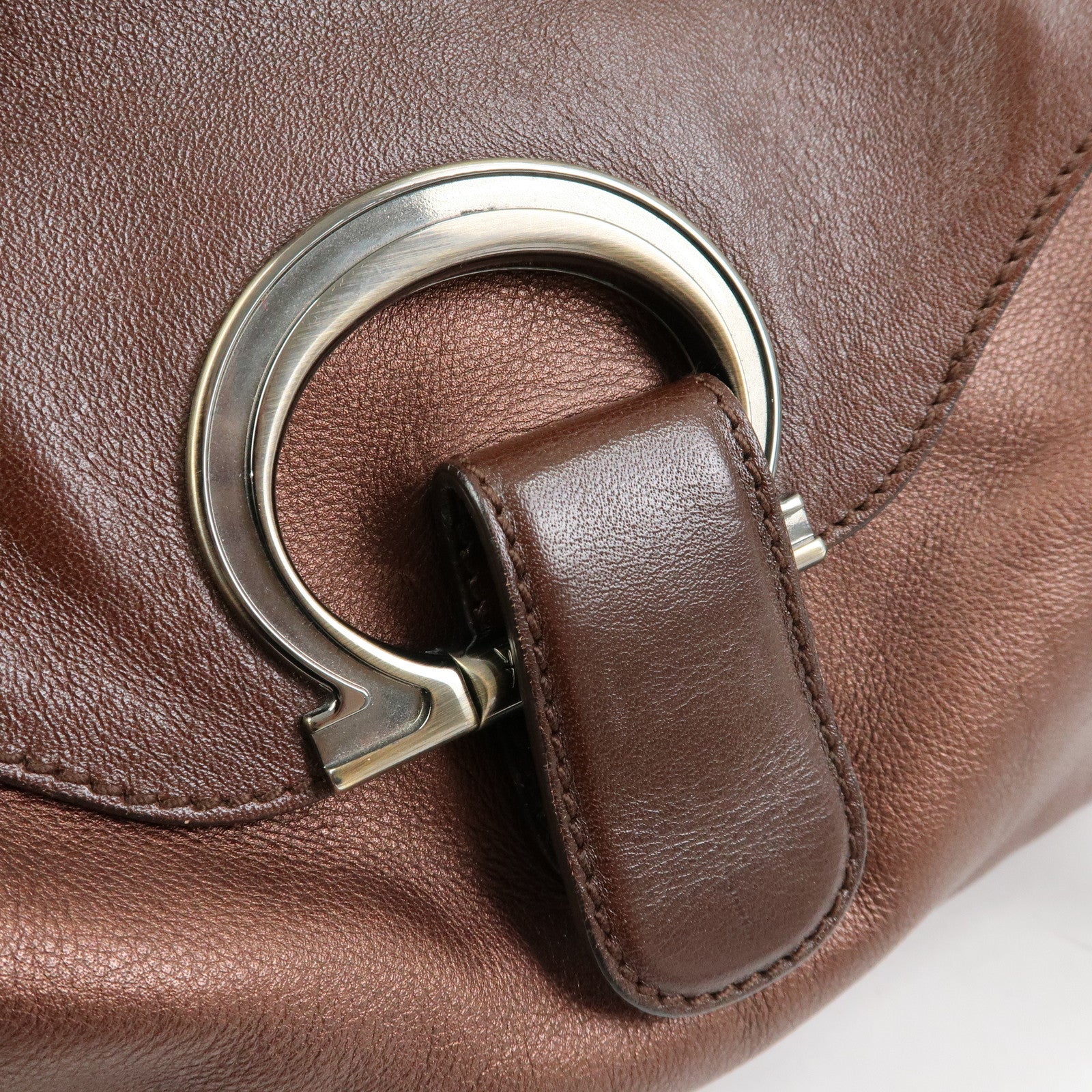 Ferragamo Gancini Leather 2Way Bag Hand Shoulder Bag Metallic Brown
