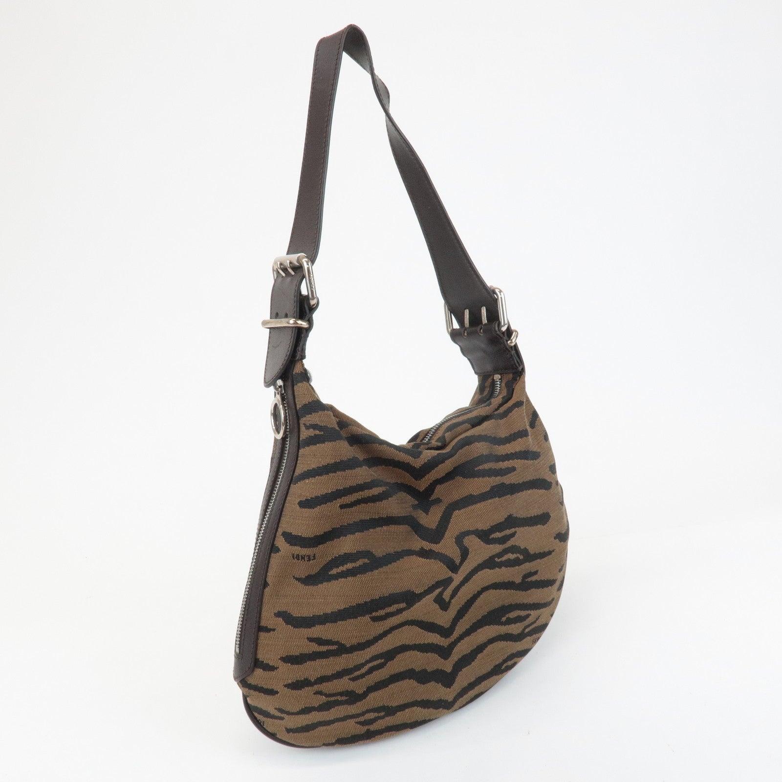 FENDI Zebra Leather Canvas Shoulder Bag Hand Bag Black Brown Used